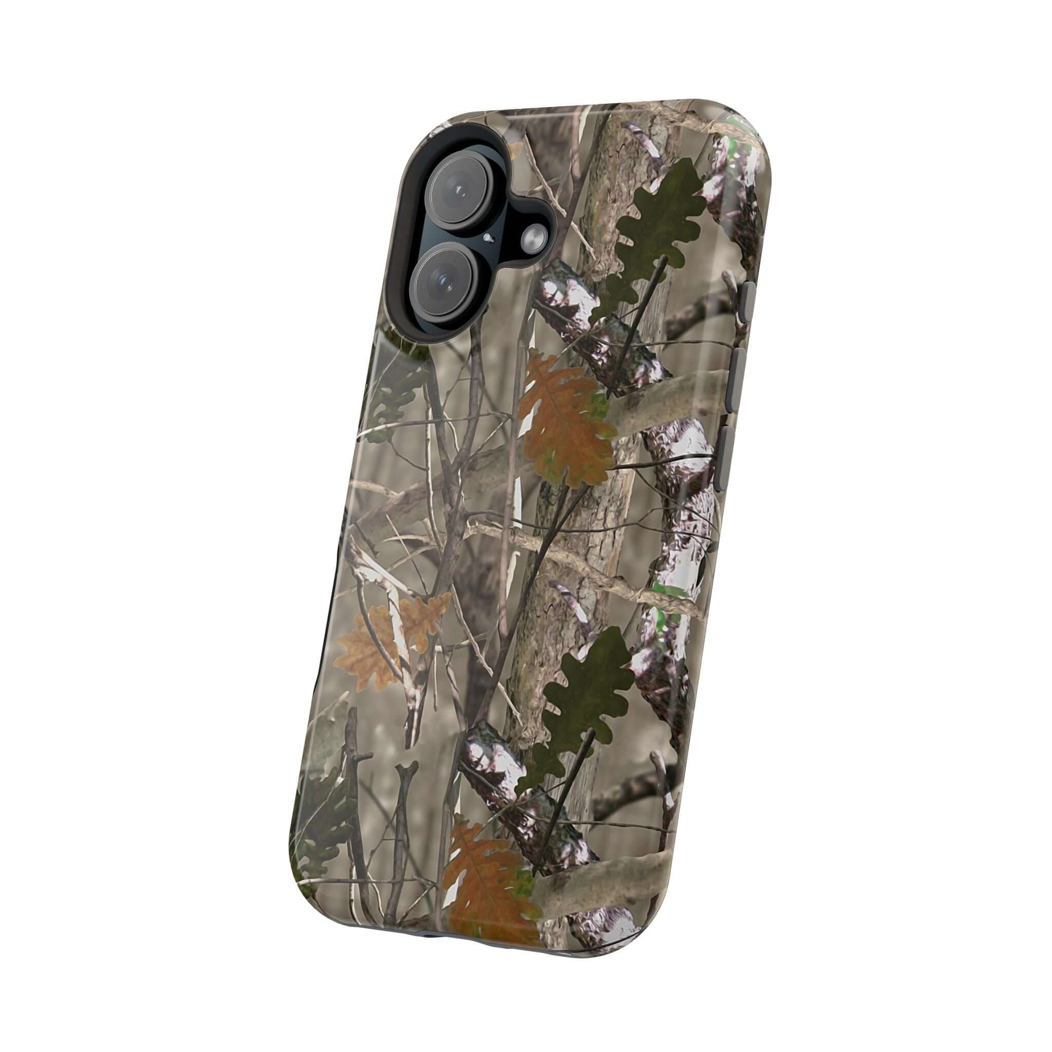 Modern forest camo phone case with MagSafe technology, featuring cute animal print design for trendy iPhone protection.