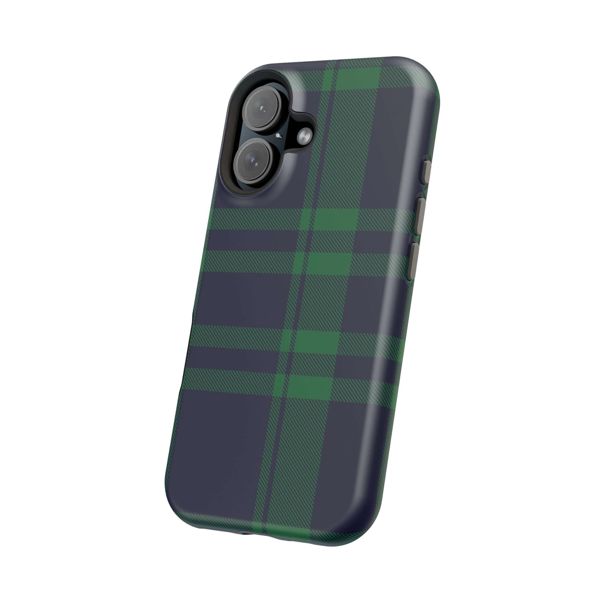 Mistletoe Plaid MagSafe Case showcasing a festive plaid pattern, perfect cute phone cover for the holiday season.