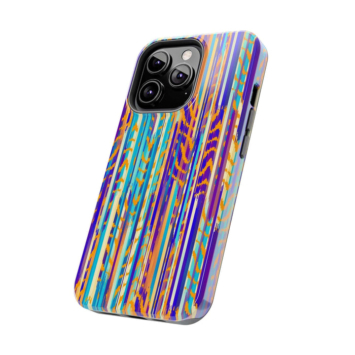 Colorful abstract tie dye iPhone case with unique handmade design, showcasing vibrant stripes for a cute and trendy phone accessory.