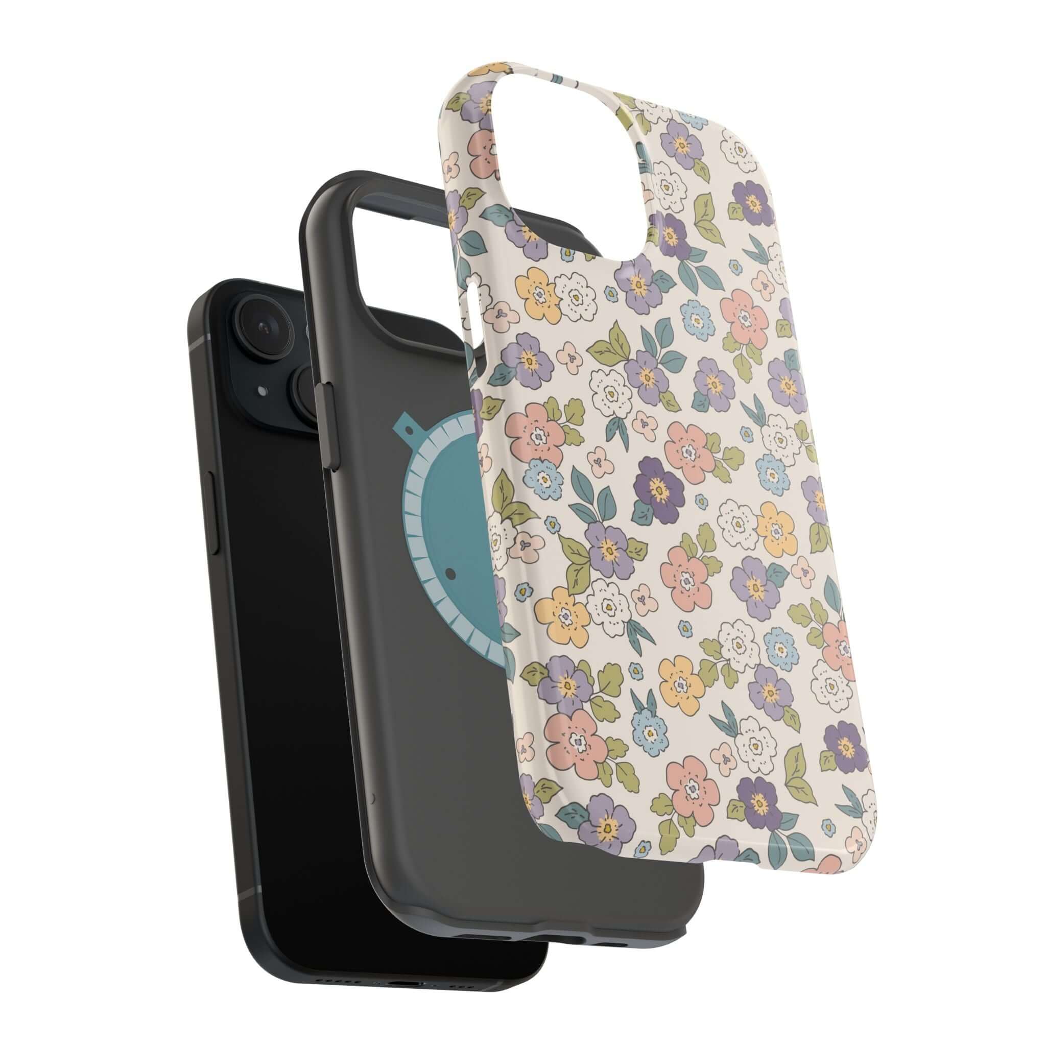 Colorful Ditsy Daisies iPhone case displayed with a sleek black phone cover, perfect for stylish beachy vibes.