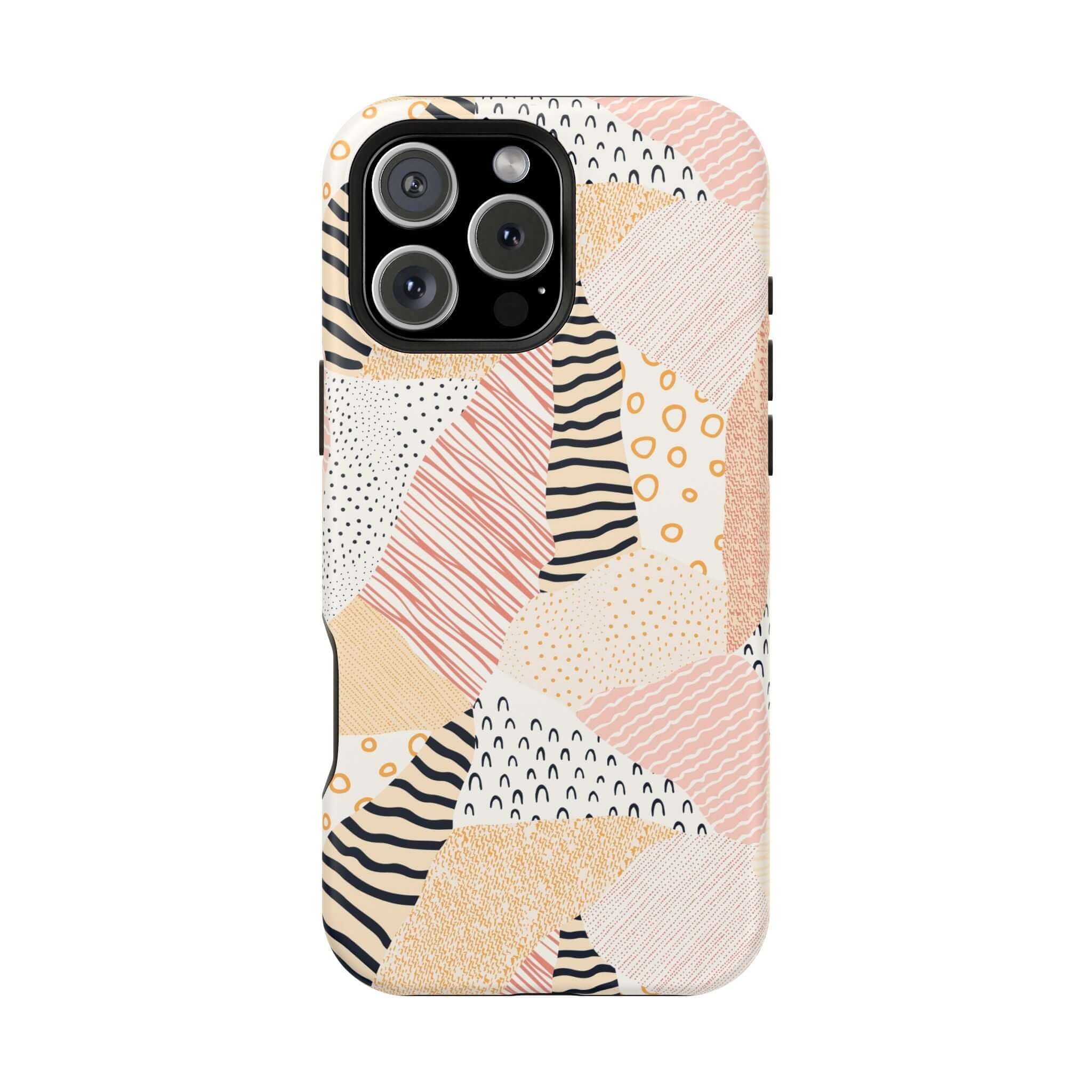 Cute iPhone 16 pastel patchwork phone case with colorful patterns and peach accents.