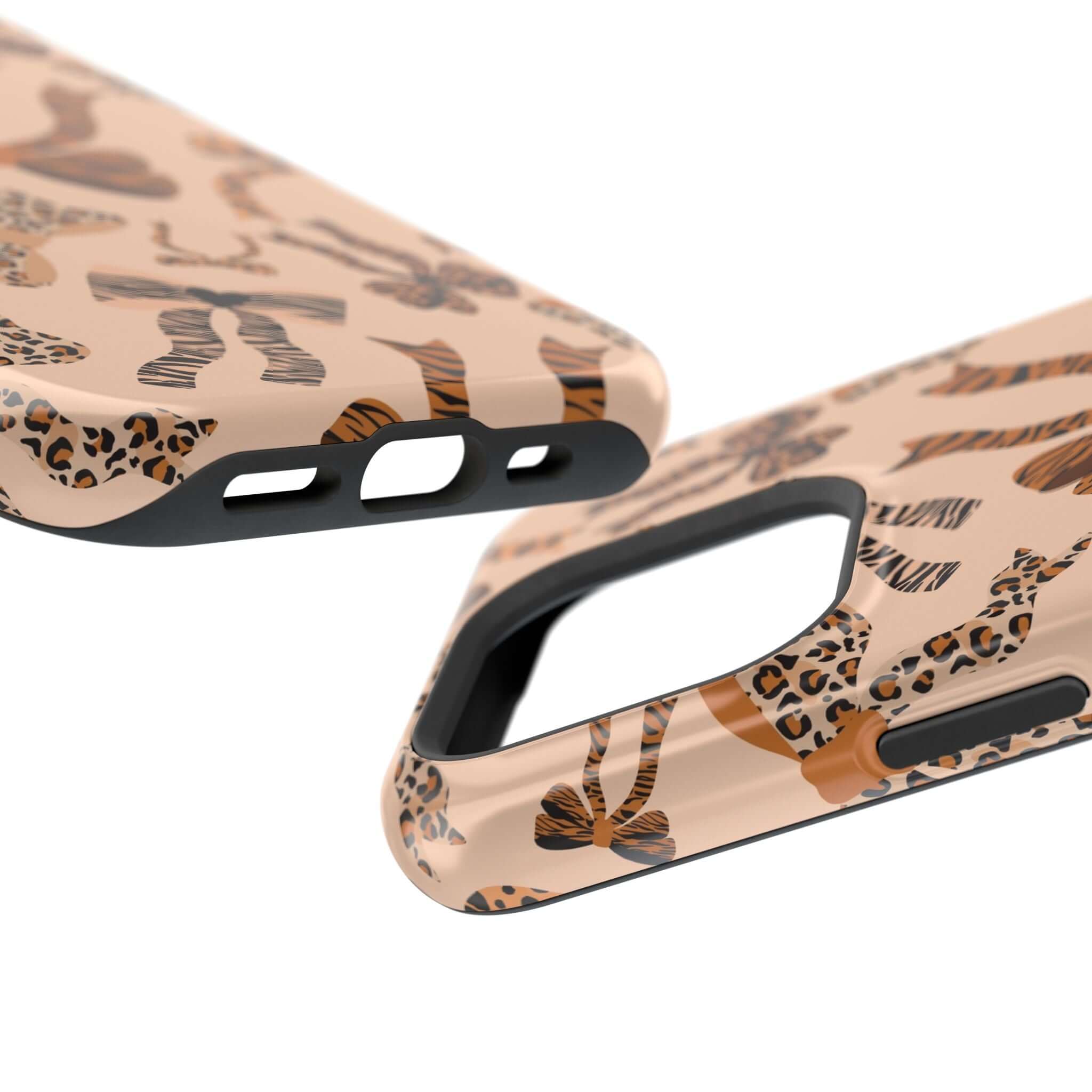 Colorful iPhone case with leopard print and cute bows, Safari Coquette design, abstract and playful phone accessory.