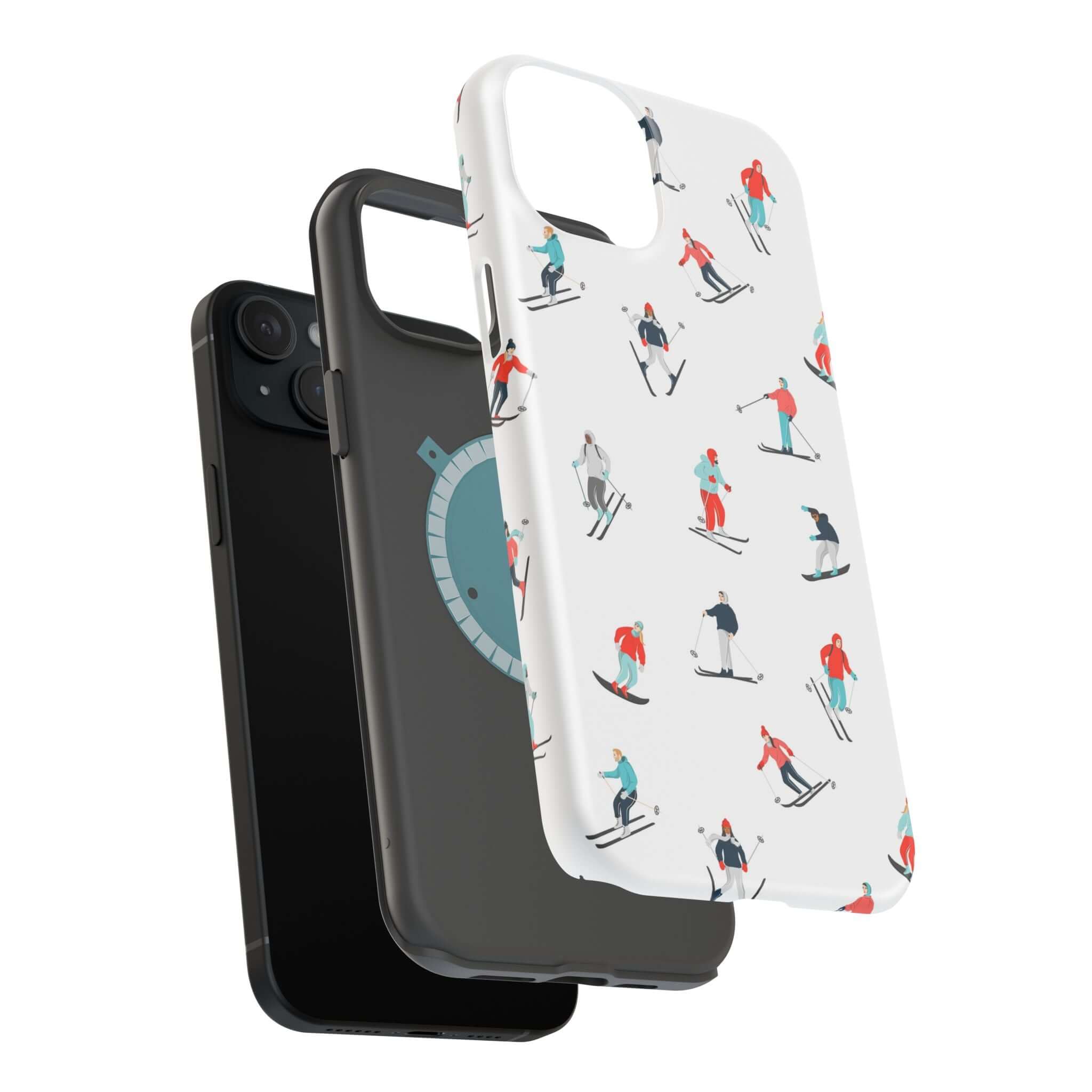 Cute phone covers featuring skiing designs and a sleek black case, perfect for winter sports lovers.