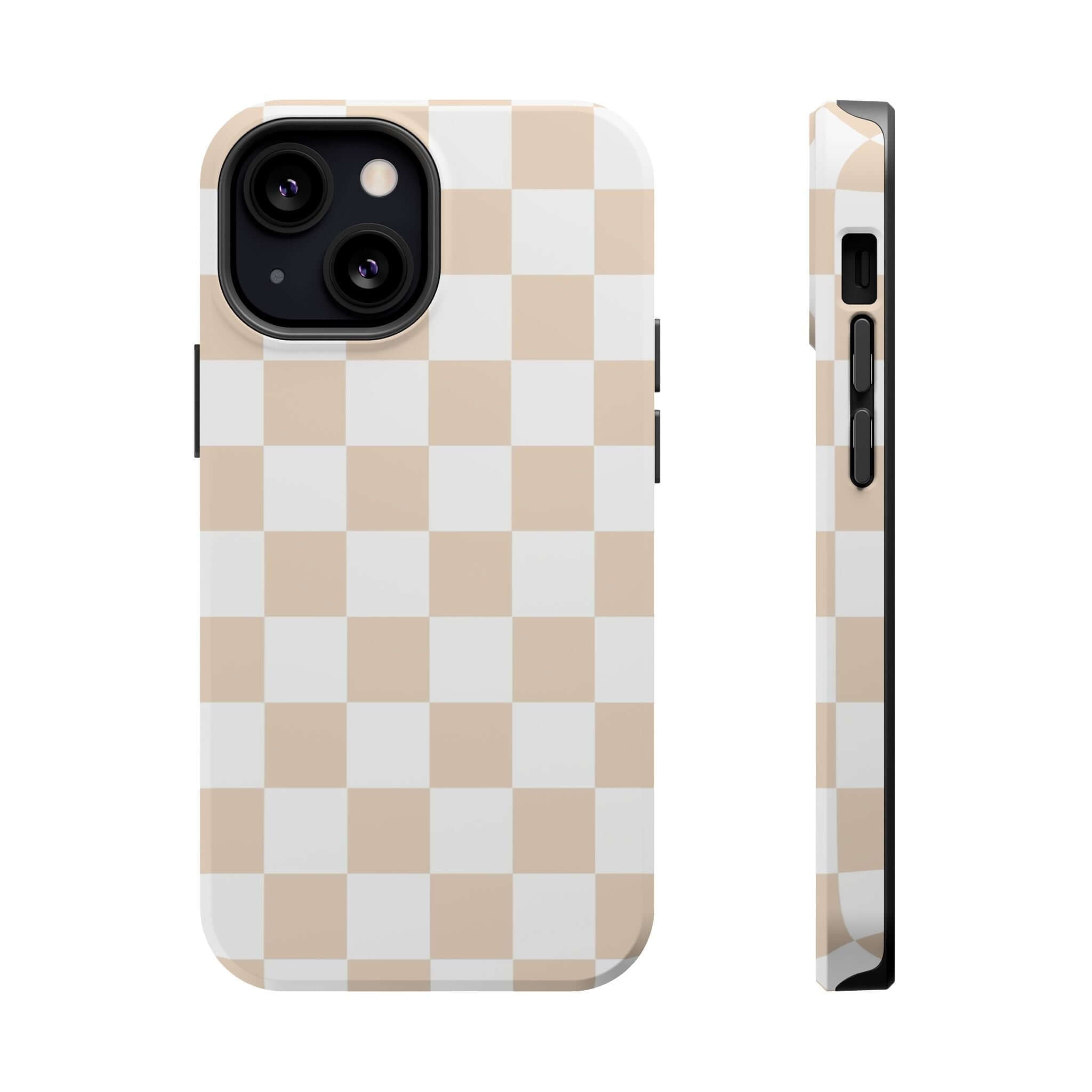 Cute MagSafe iPhone 16 Case with cream checkered print, stylish and protective beige checkered phone cover, trendy protective phone case.