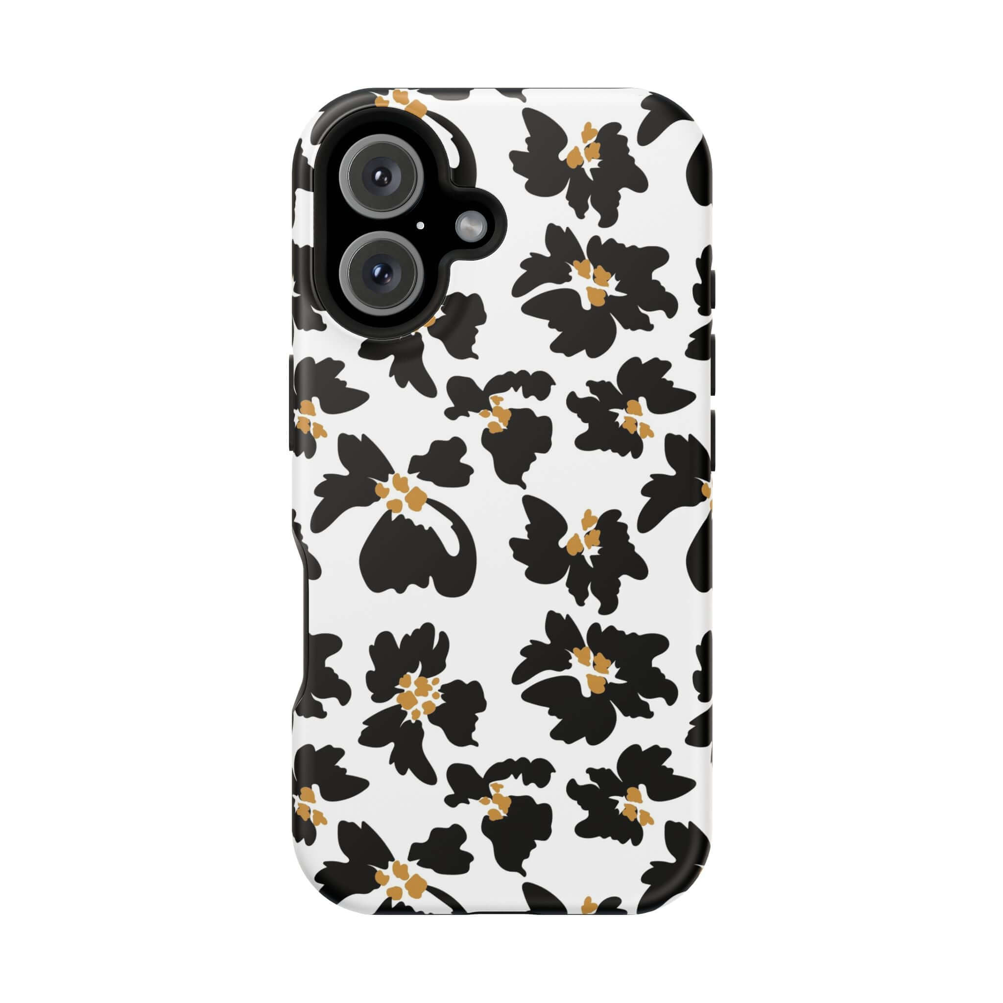 Modern iPhone case with black floral pattern, cute and stylish MagSafe compatible, protective and fashionable phone accessory.