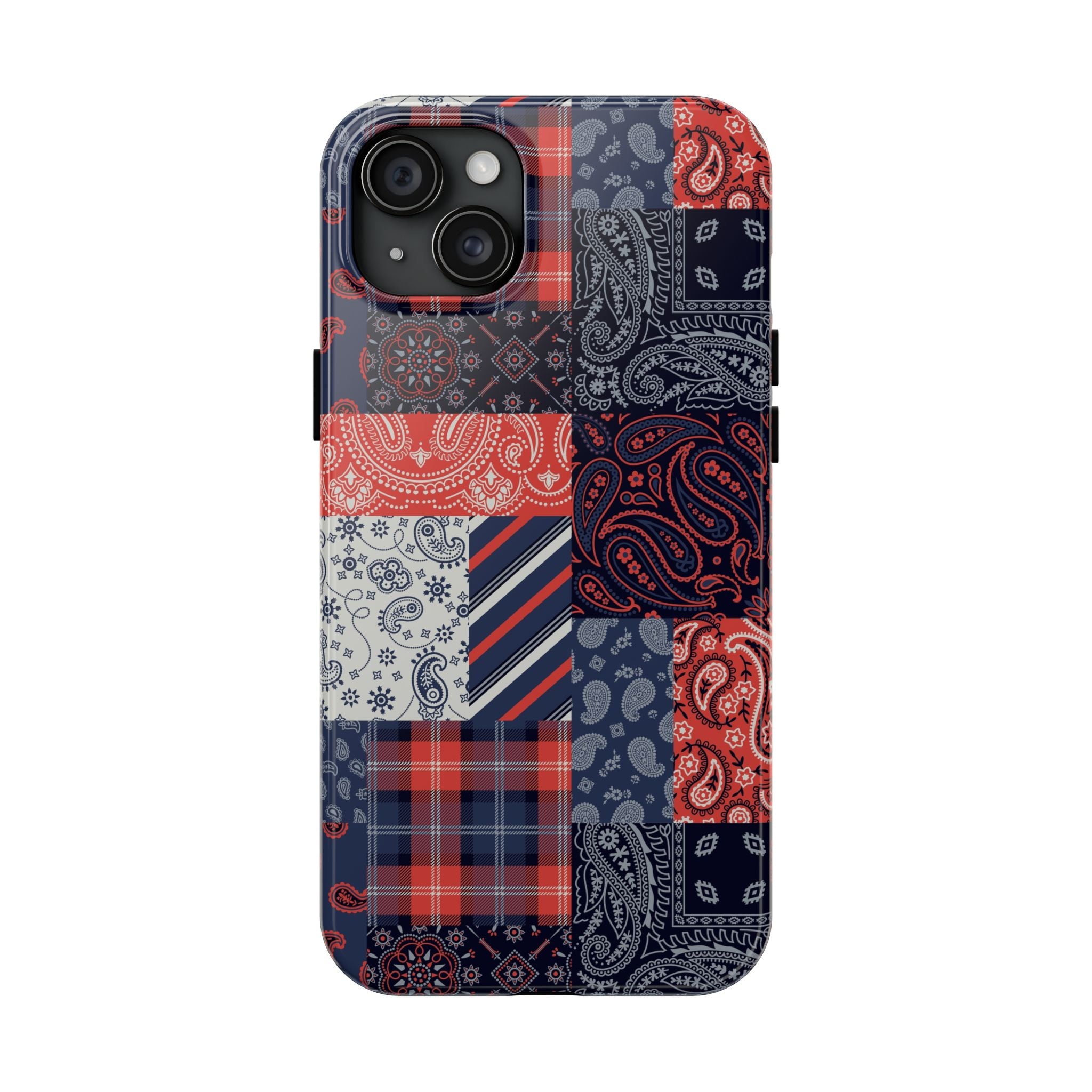 Boho Bandit bandana patchwork iPhone 14 Pro case, cute and bookish design, protects phone stylishly