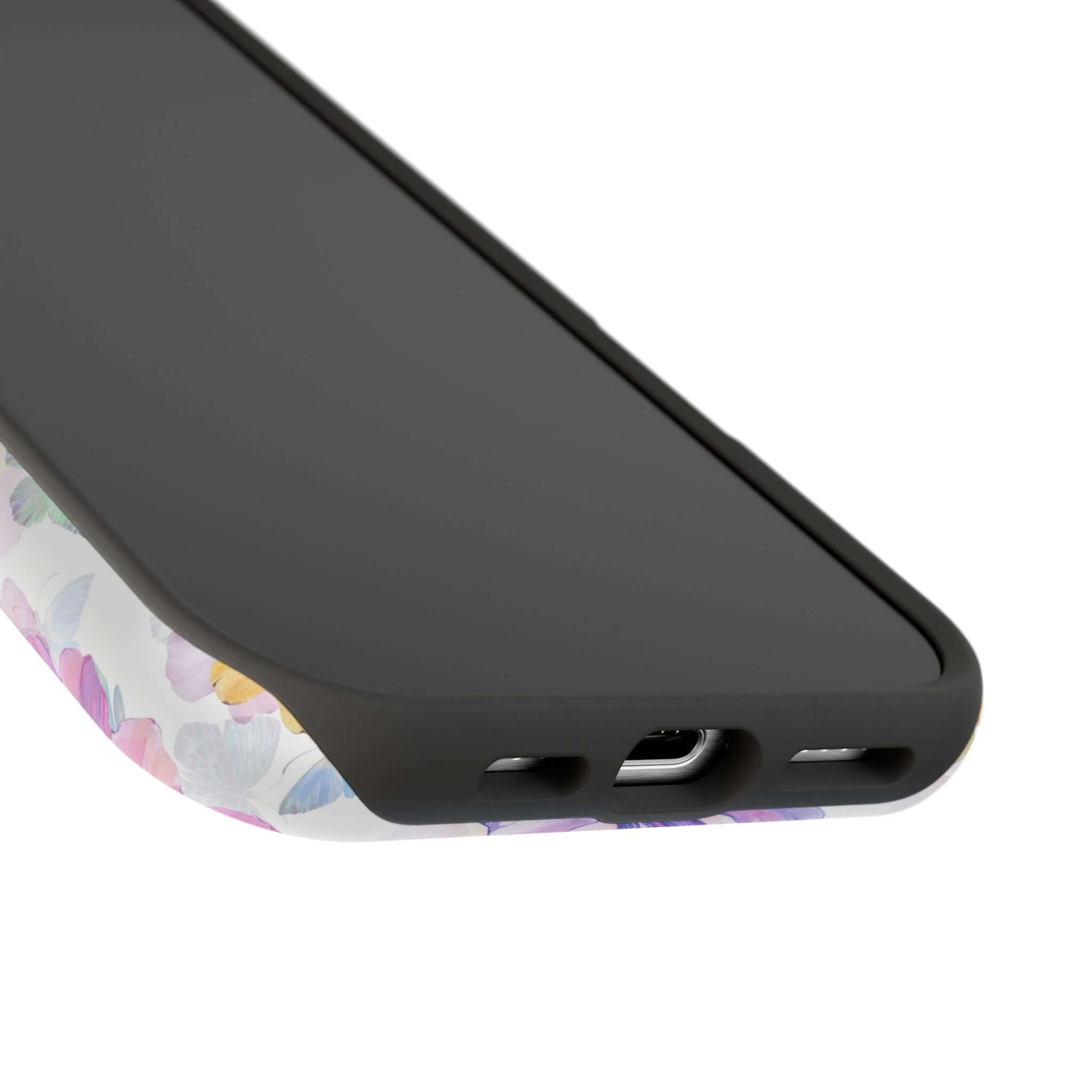 Bottom view of cute MagSafe iPhone 16 case with watercolor butterfly design, offering stylish and protective features.