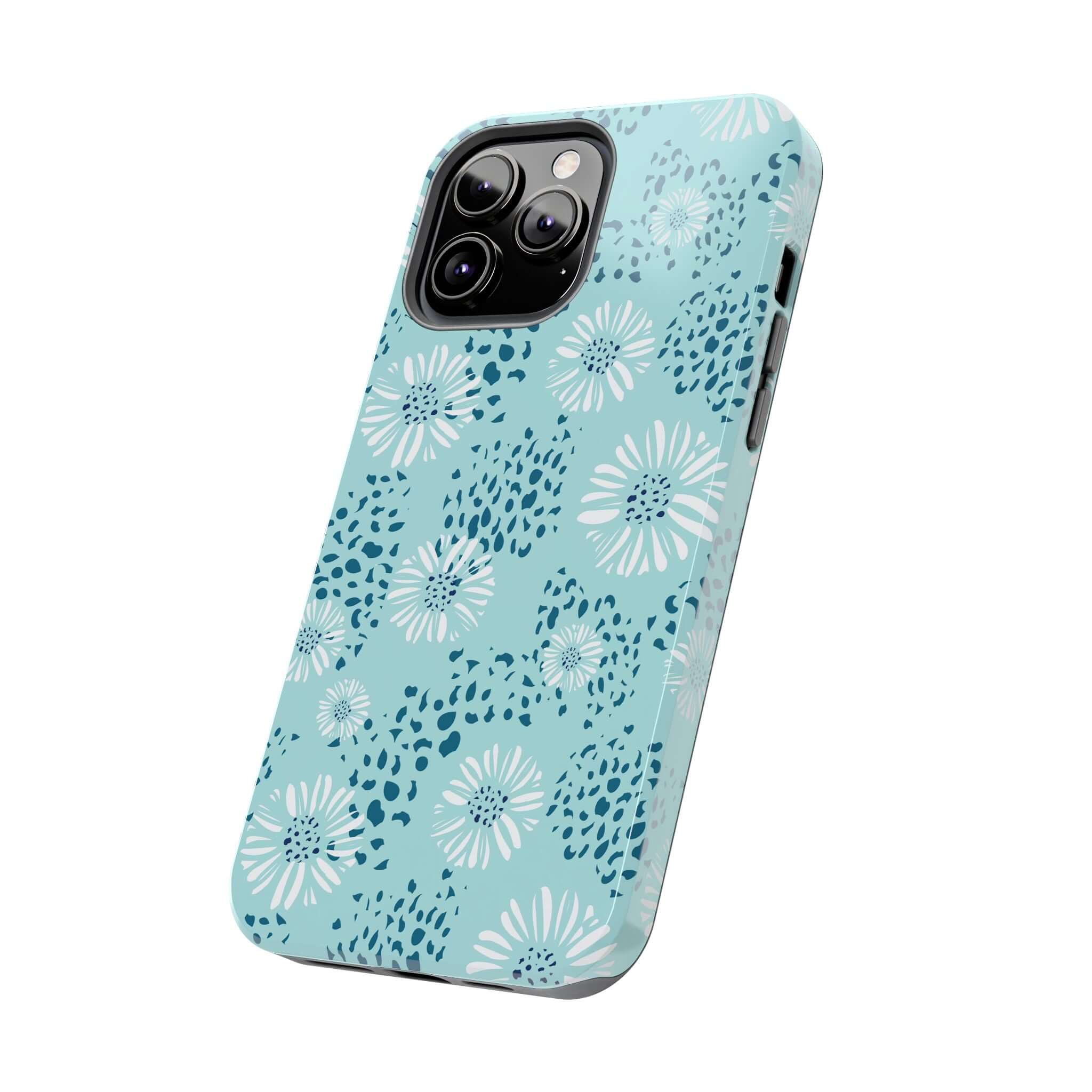 Coastal Aesthetics Floral Beach teal iPhone 14 Pro Max case with white flowers pattern, cute and colorful phone case for beach lovers.