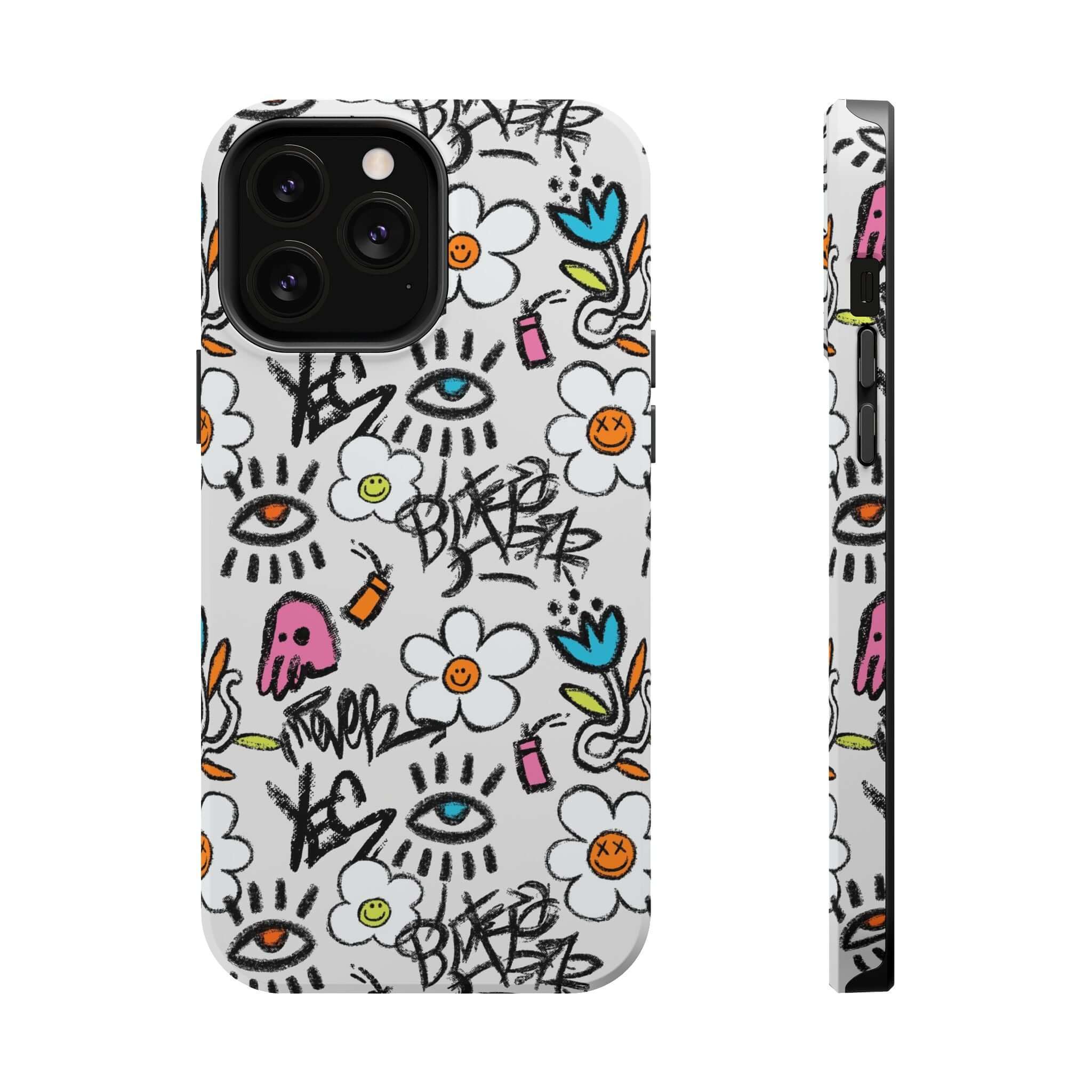 Cute Floral Graffiti iPhone Case showcasing vibrant colors and playful design, perfect for a statement look.