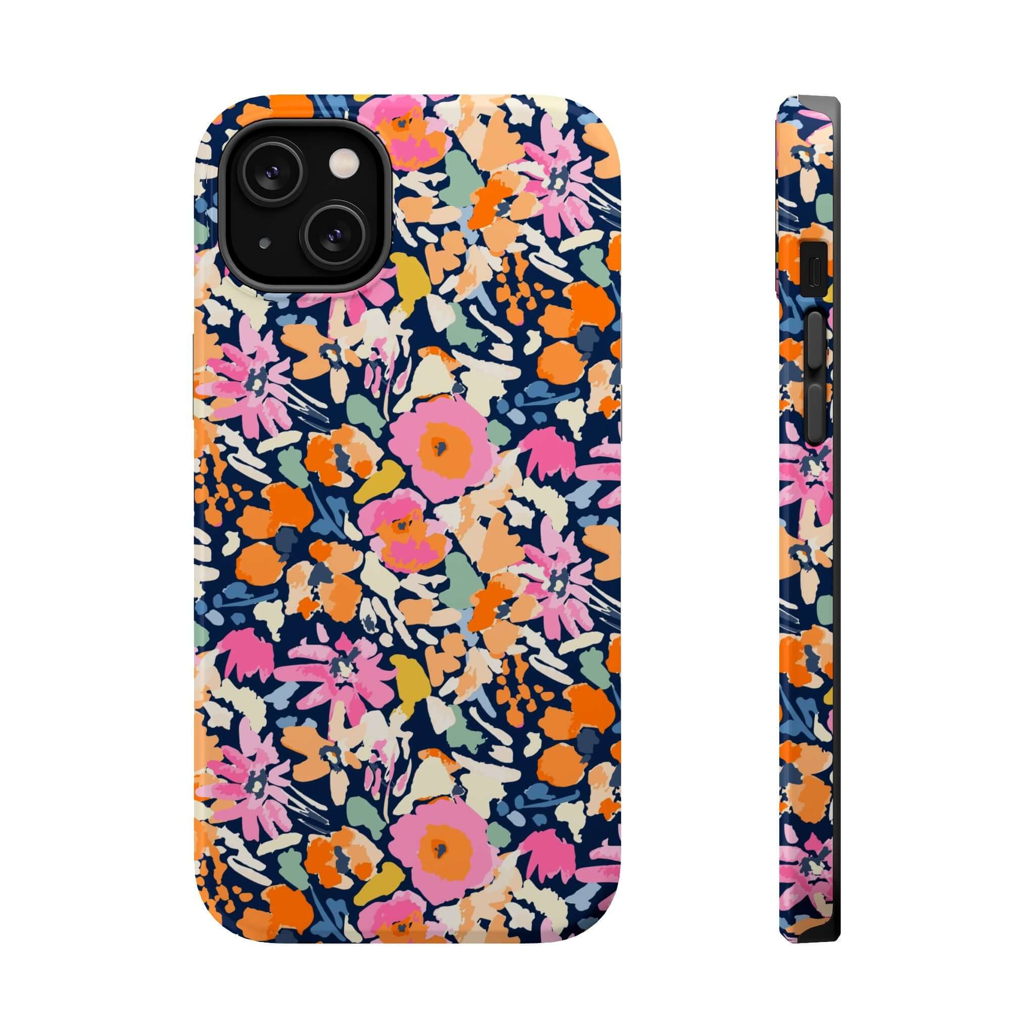 Botanic Burst colorful floral iPhone 16 case, Cute MagSafe protective phone case with vibrant flowers.