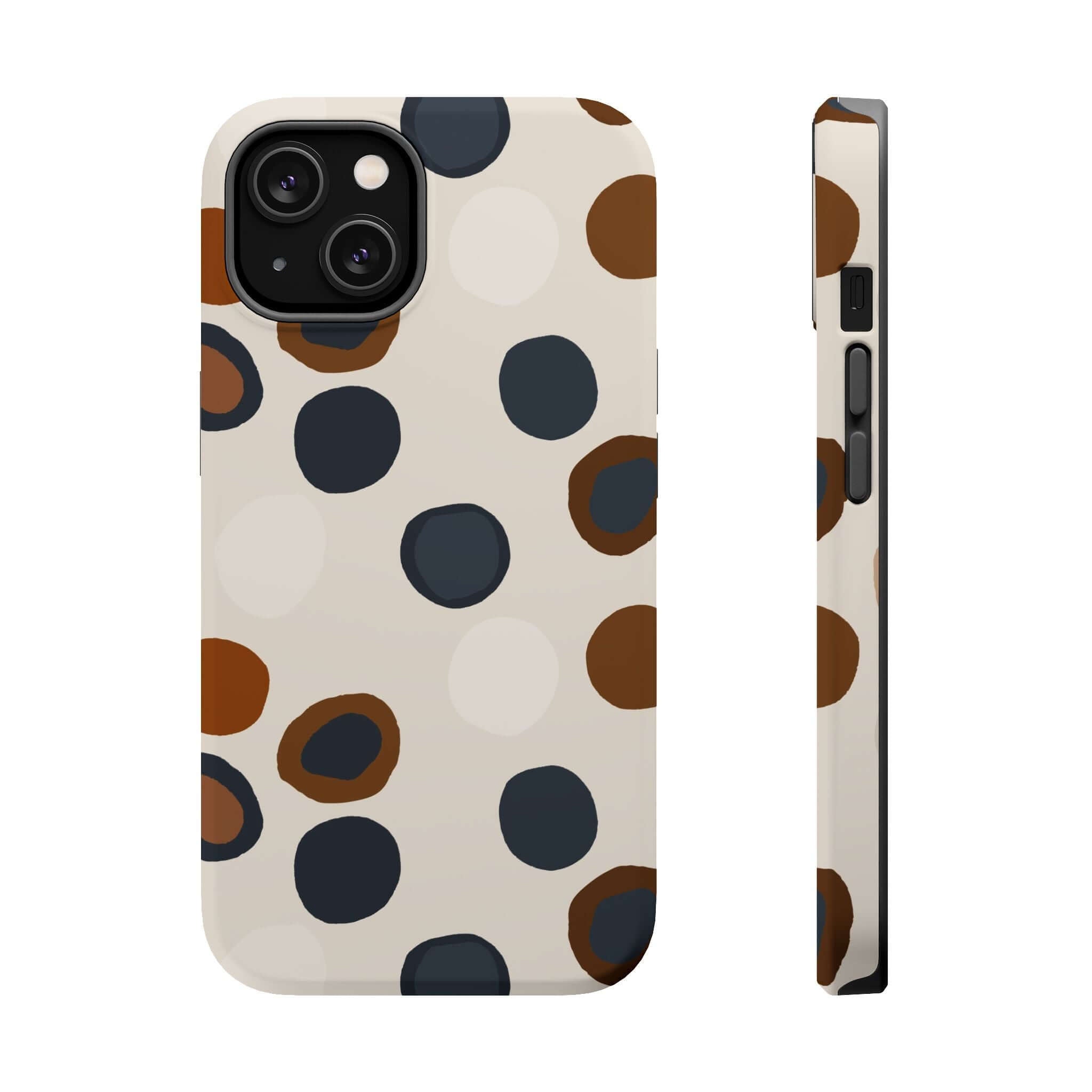 Colorful iPhone case with modern brown and black spots, abstract cute design, perfect for fashion-forward adventurers.