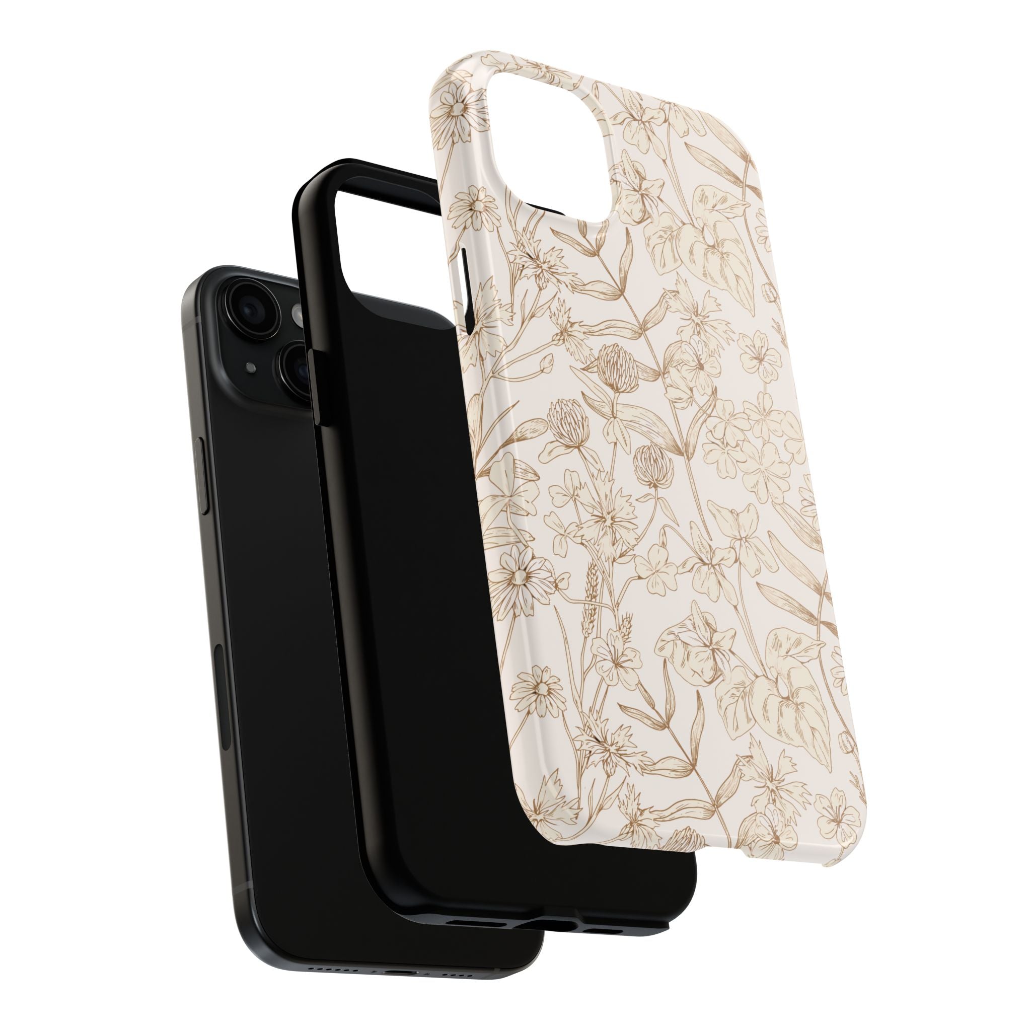 Beige garden design phone case for iPhone 16, cute tan cover showcasing floral style, perfect for nature lovers.