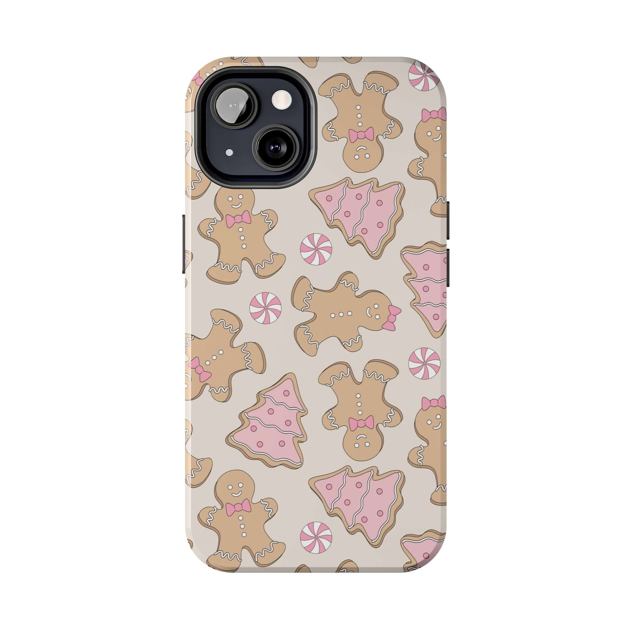 Cute gingerbread holiday phone case with colorful Christmas pattern, perfect iPhone cover for festive cheer and gifting.