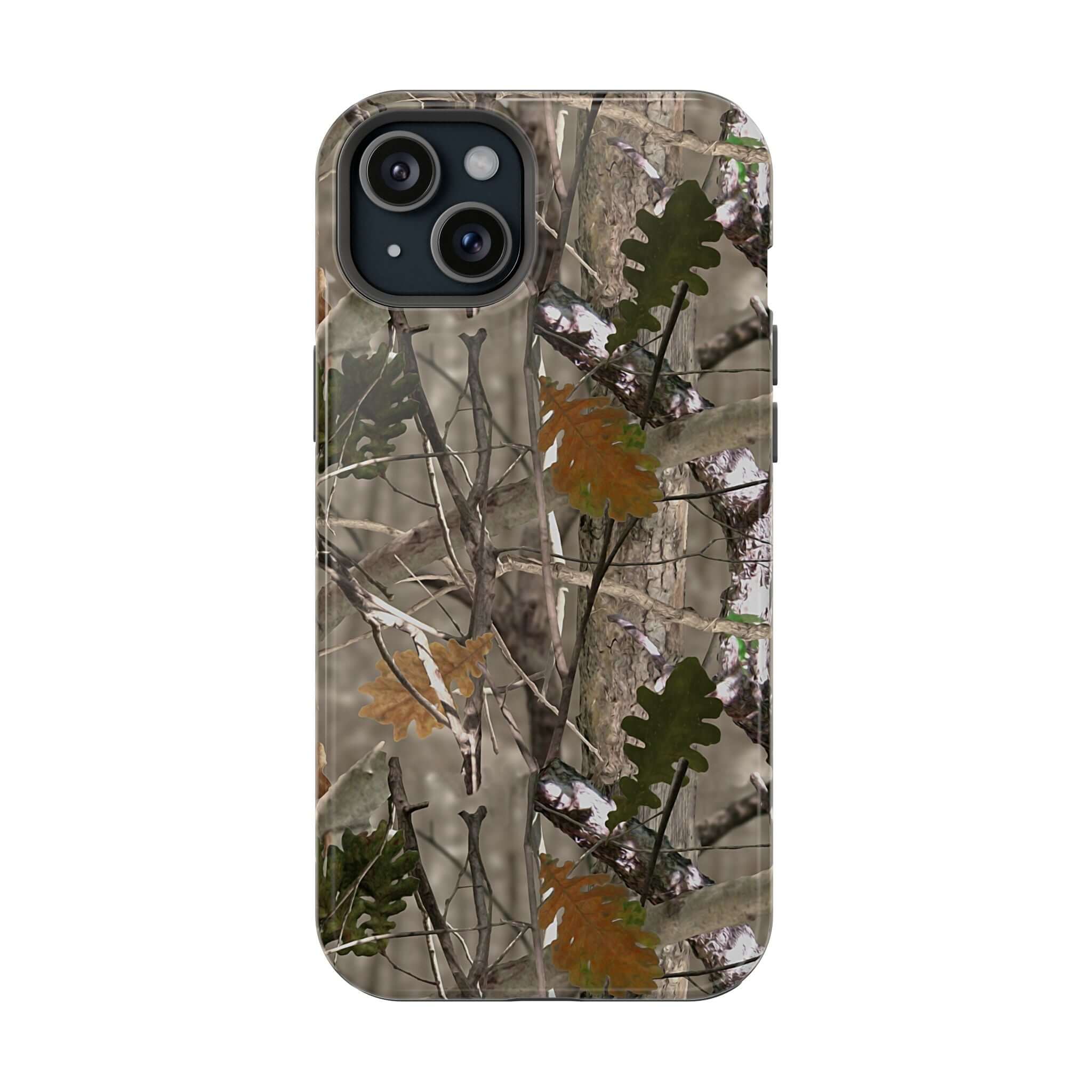 Forest camo iPhone case with modern animal print design, compatible with MagSafe. Cute and stylish phone protection.