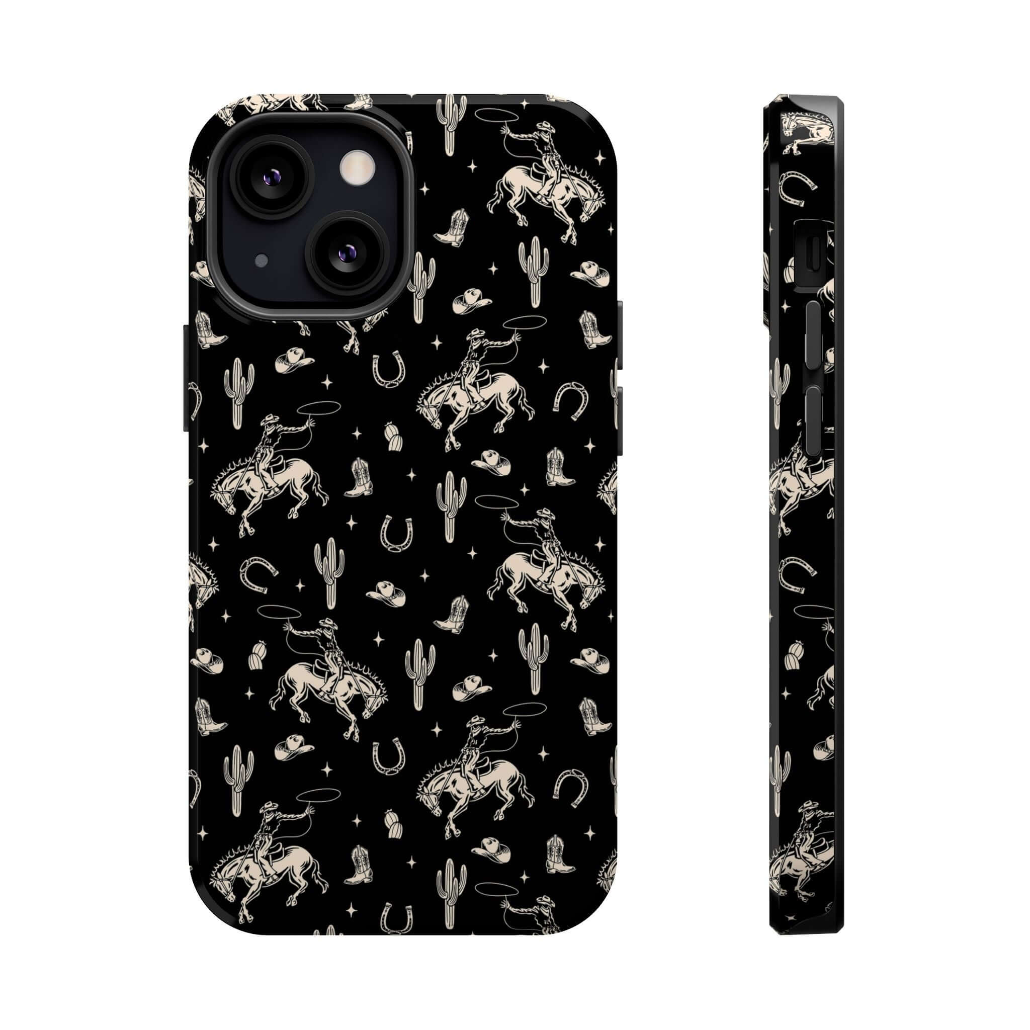 Black Western Twilight Cowgirl iPhone case with cute cowboy and flower designs, offering stylish protection and free shipping.