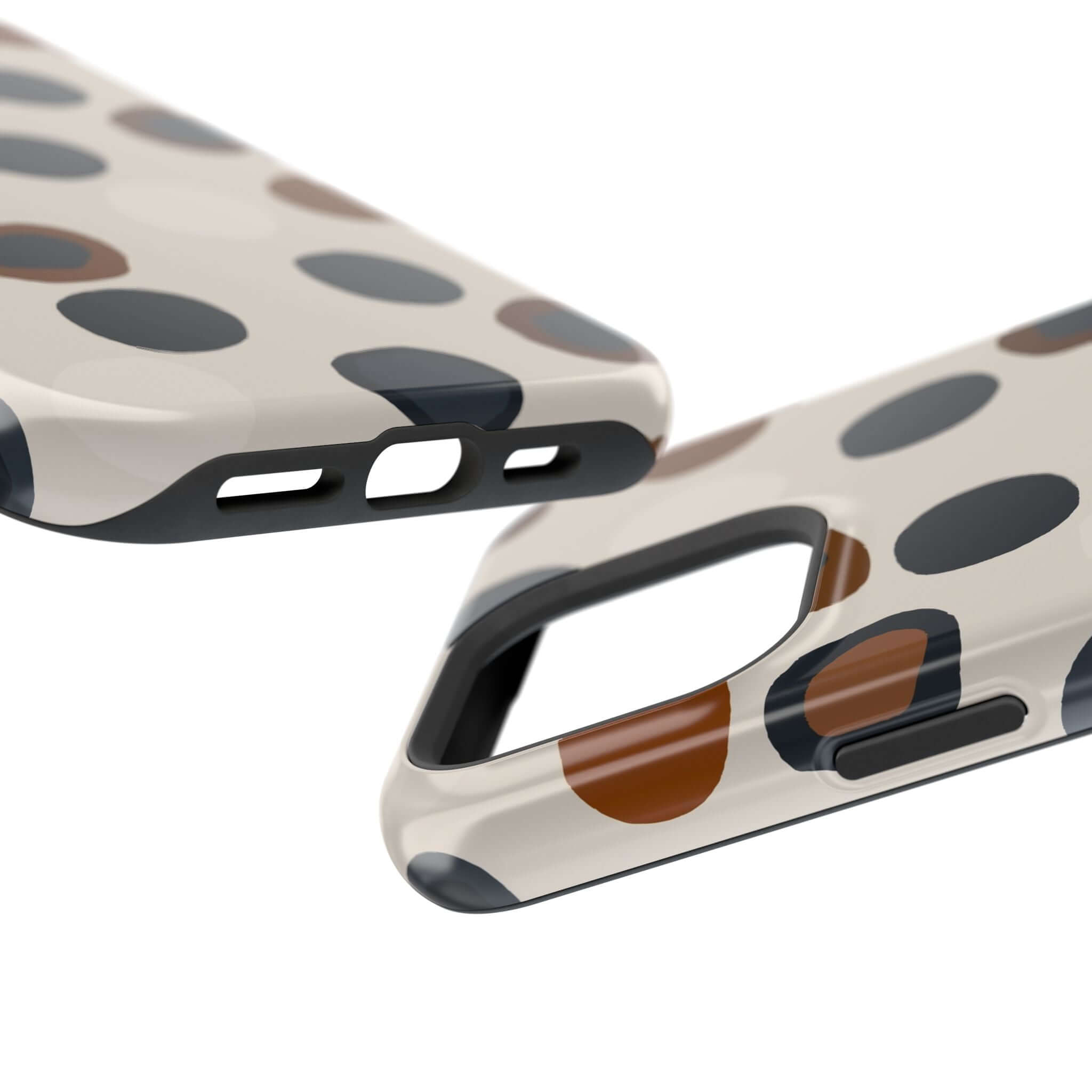 Chic Wanderer Modern Spots Case with playful brown and black spot design, perfect colorful and abstract iPhone accessory.