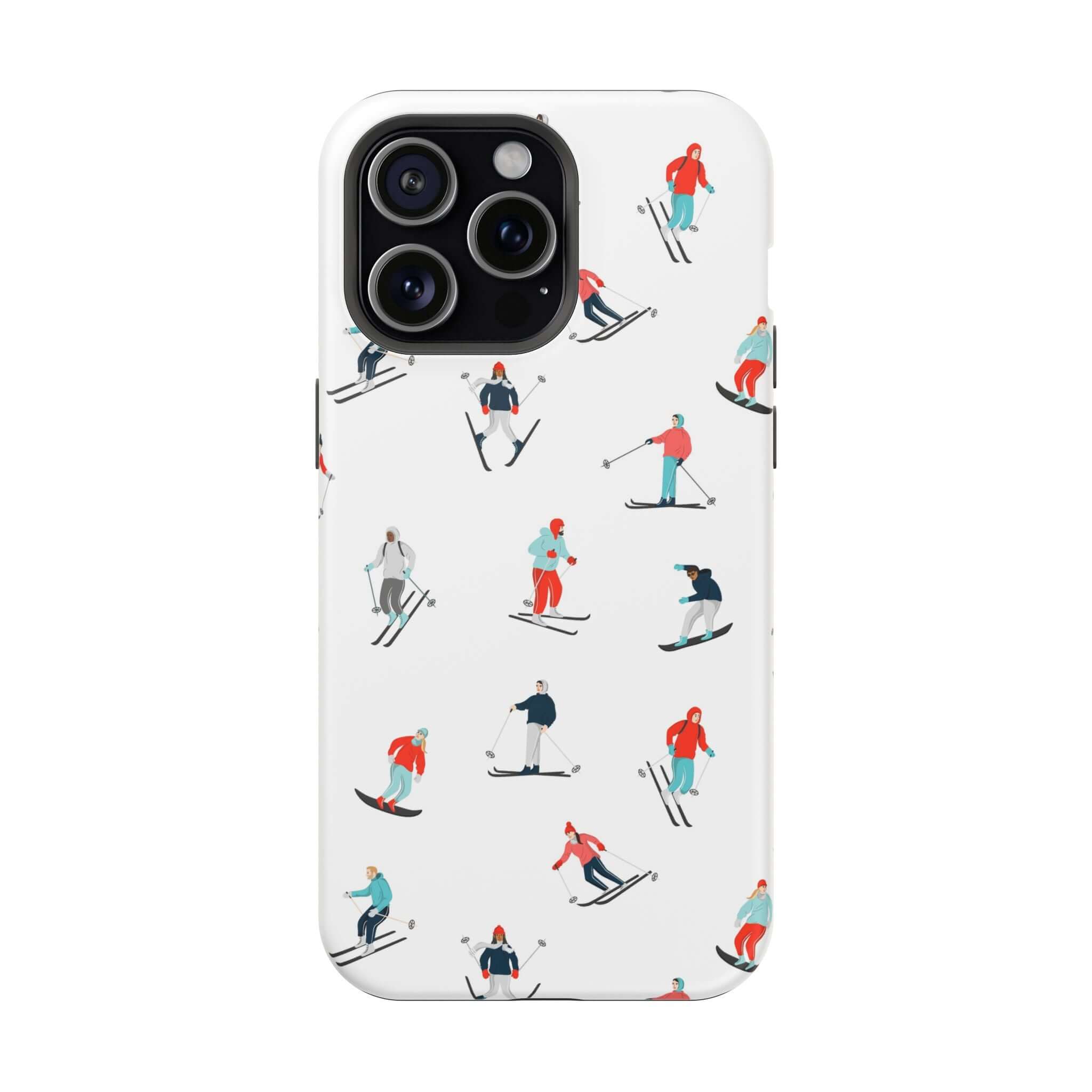 Cute phone cover featuring skiers on a white background, perfect for winter sports enthusiasts.