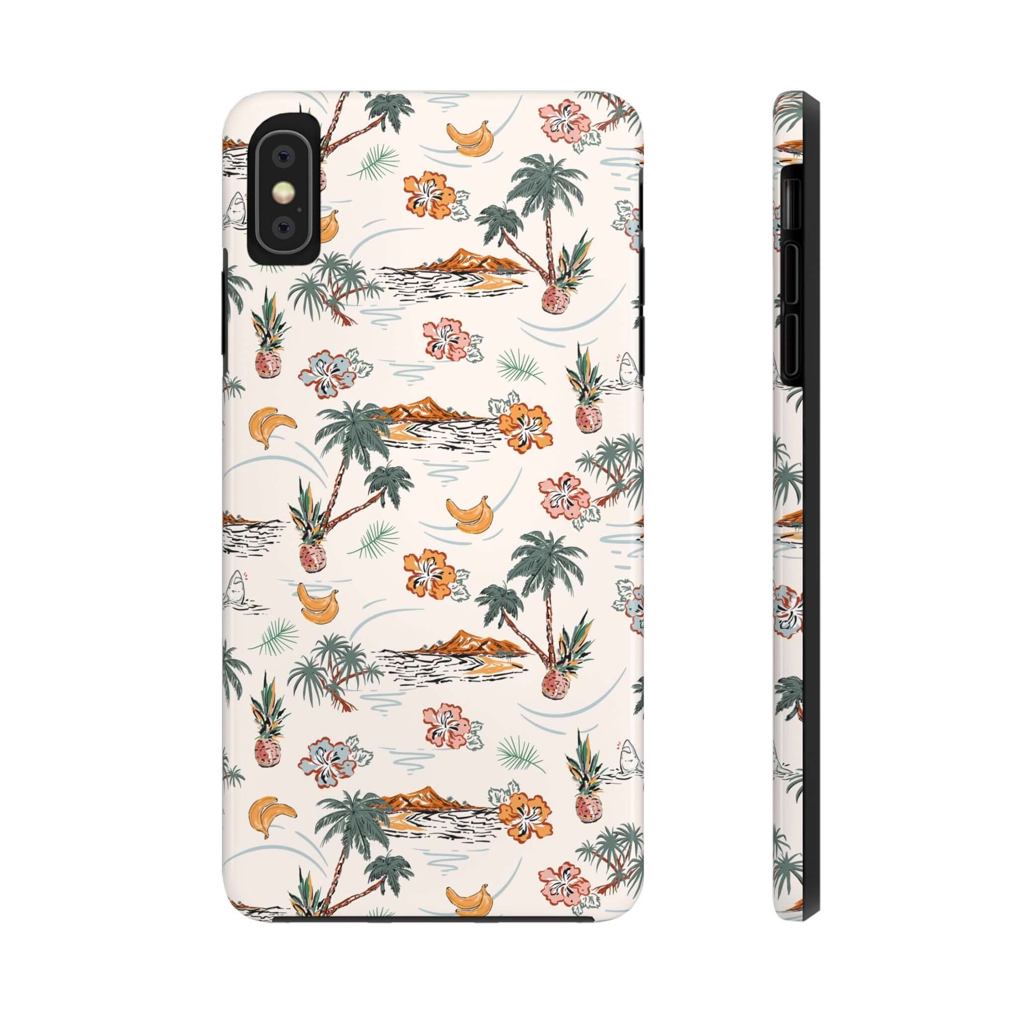 Cute beach themed iPhone 14 case with palm tree design, perfect for tropical vacations and providing free shipping.