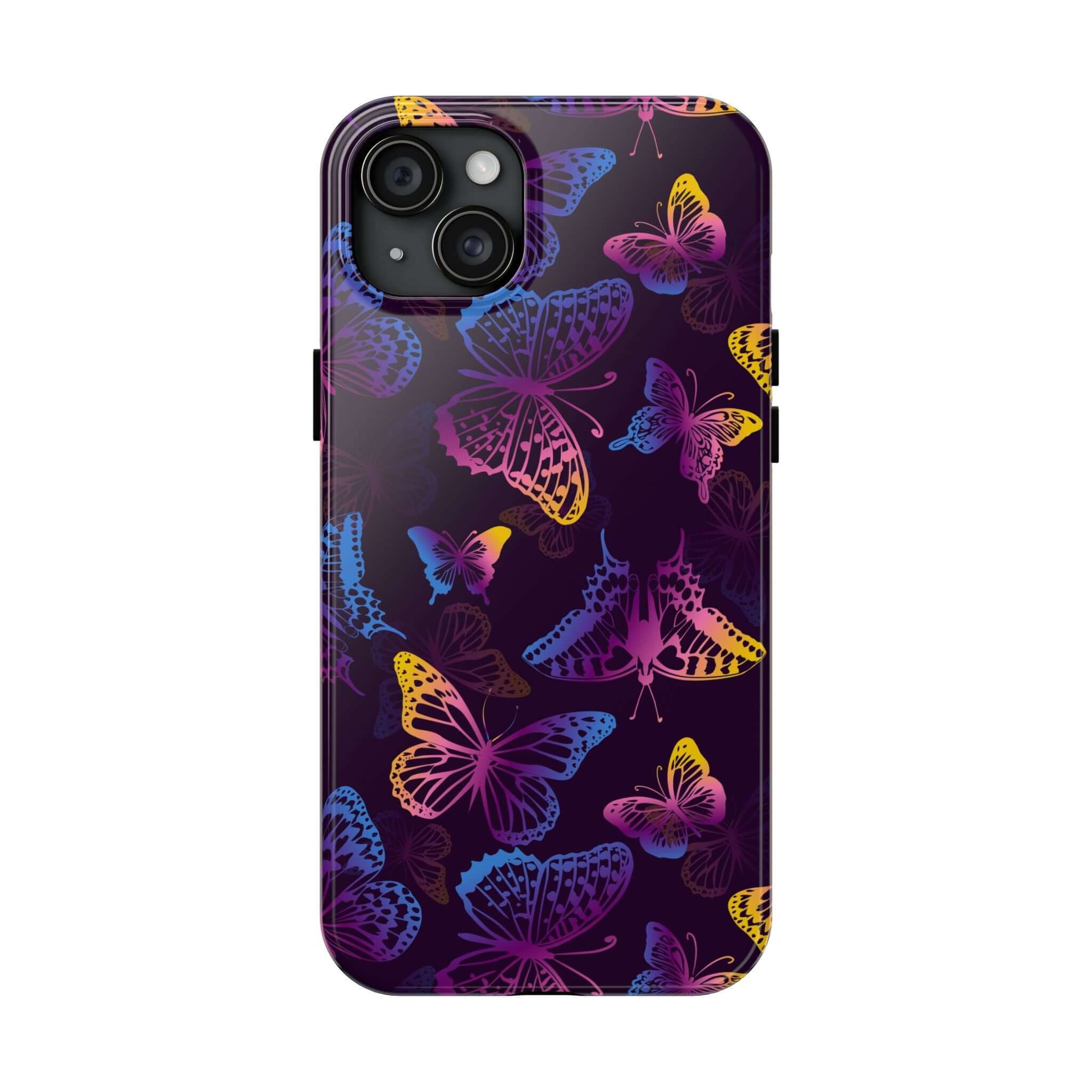 Midnight Flutter black butterfly MagSafe iPhone case with colorful floral design, perfect cute phone cover for butterfly lovers.