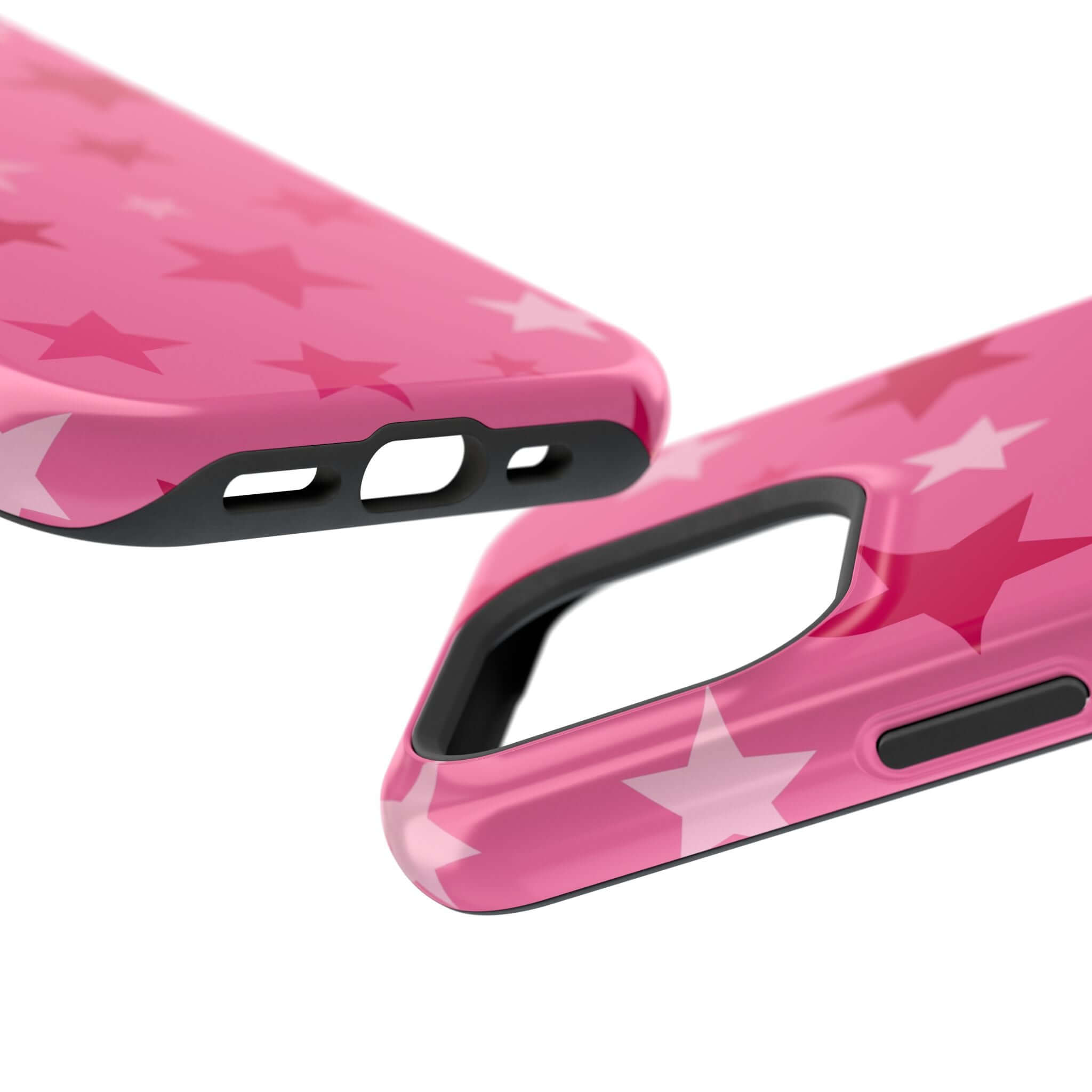 Close-up of the Starry Sweetheart Pink Stars Case, showcasing its cute star design and precision cutouts for iPhone.