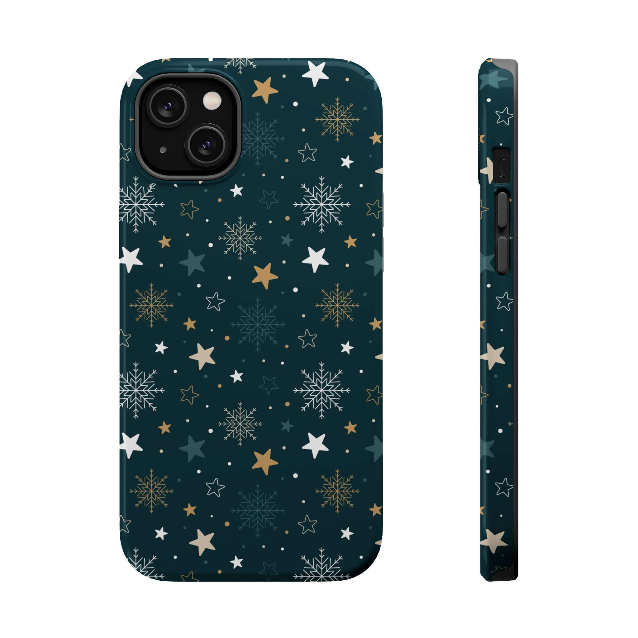 Festive MagSafe phone case with snowflakes and stars, Christmas phone case for secure charging, cute holiday and Xmas design.