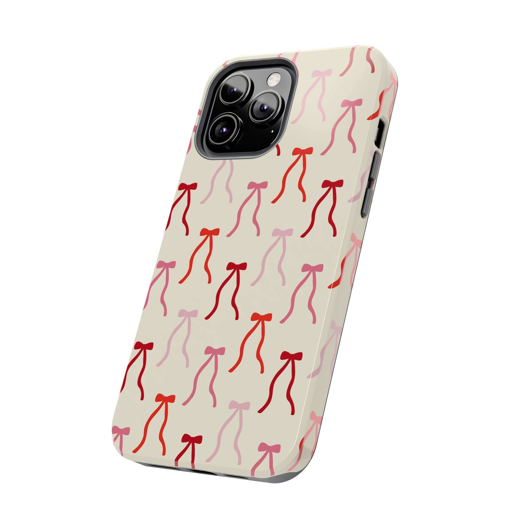 Beige Coquette Case with red bow design for iPhone 16, cute phone case for stylish protection.