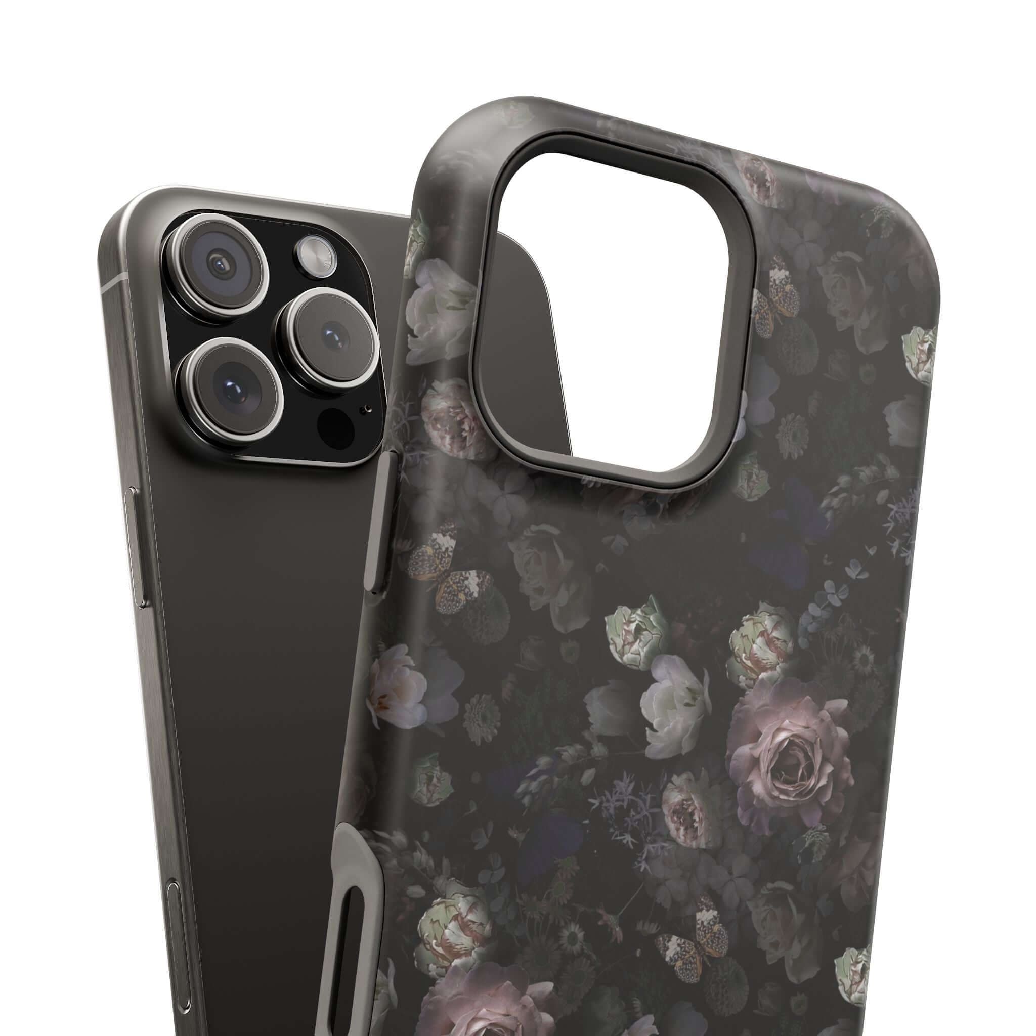 MagSafe iPhone Case with black floral design, perfect cute phone cover for style and protection. Unleash your dark side!