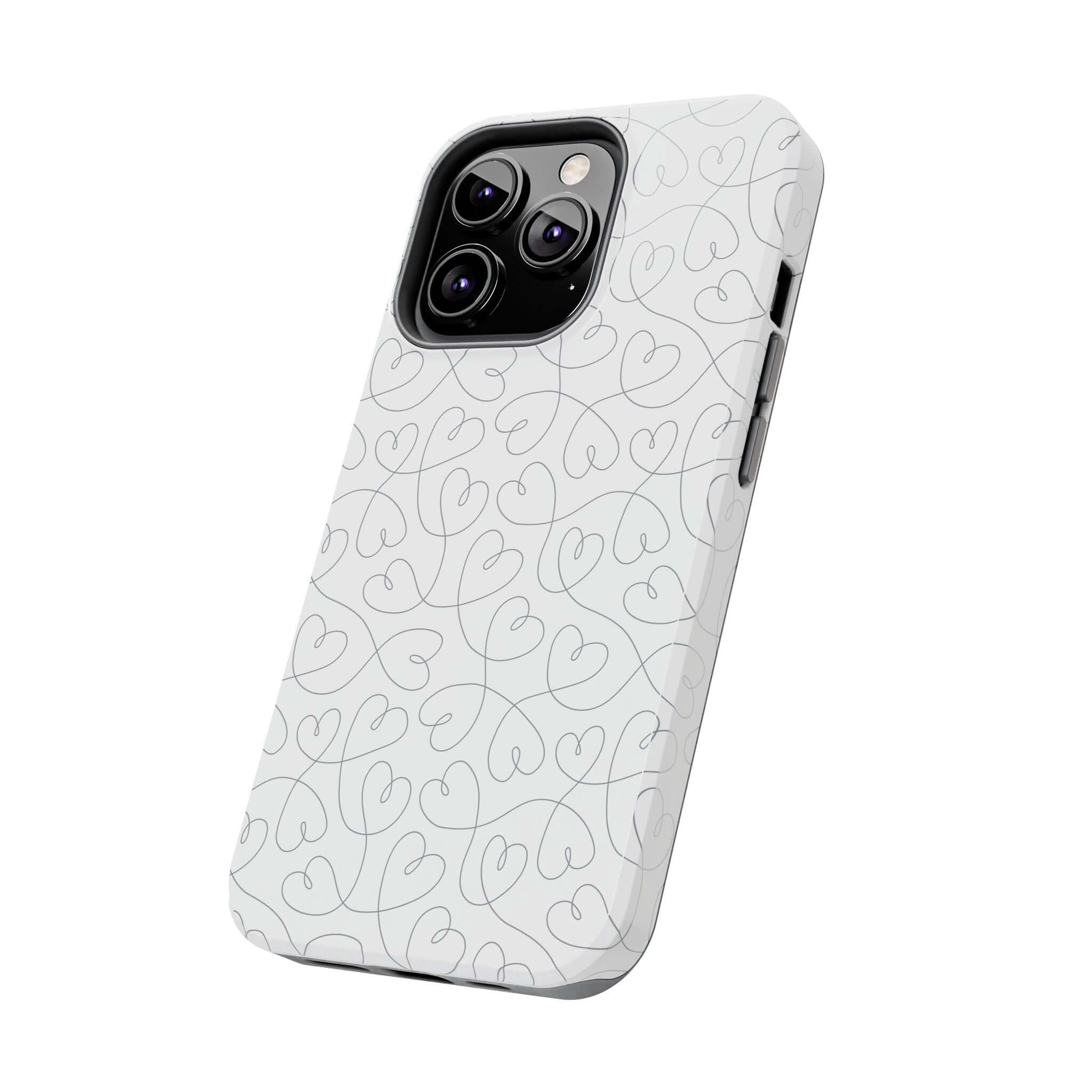 Cute abstract hearts phone case for iPhone 14 Pro Max, perfect for brides and weddings, featuring a romantic silver background design