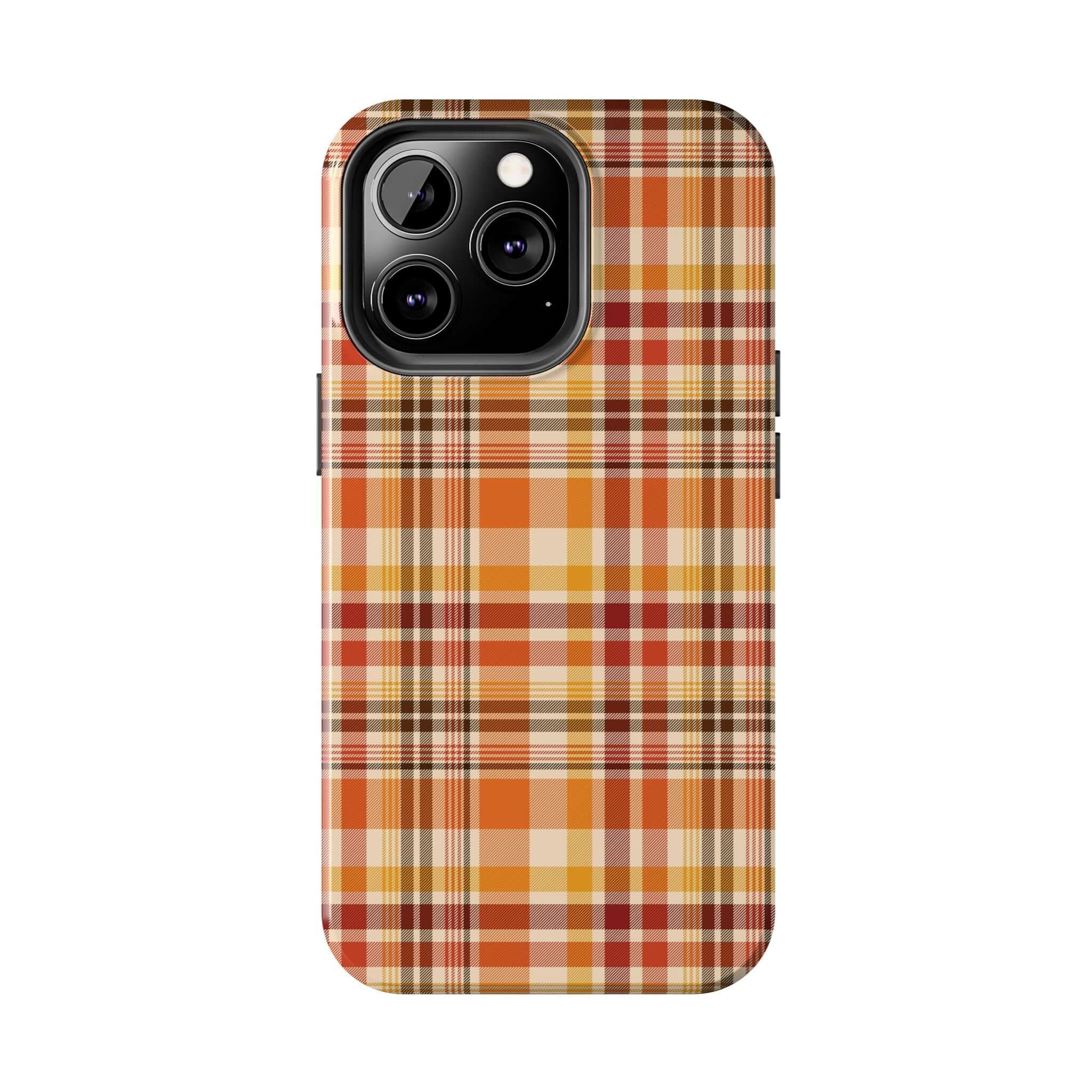 Autumn Air Fall Plaid Case with orange and yellow plaid design. Perfect Halloween, cute fall iPhone case for stylish phone protection.