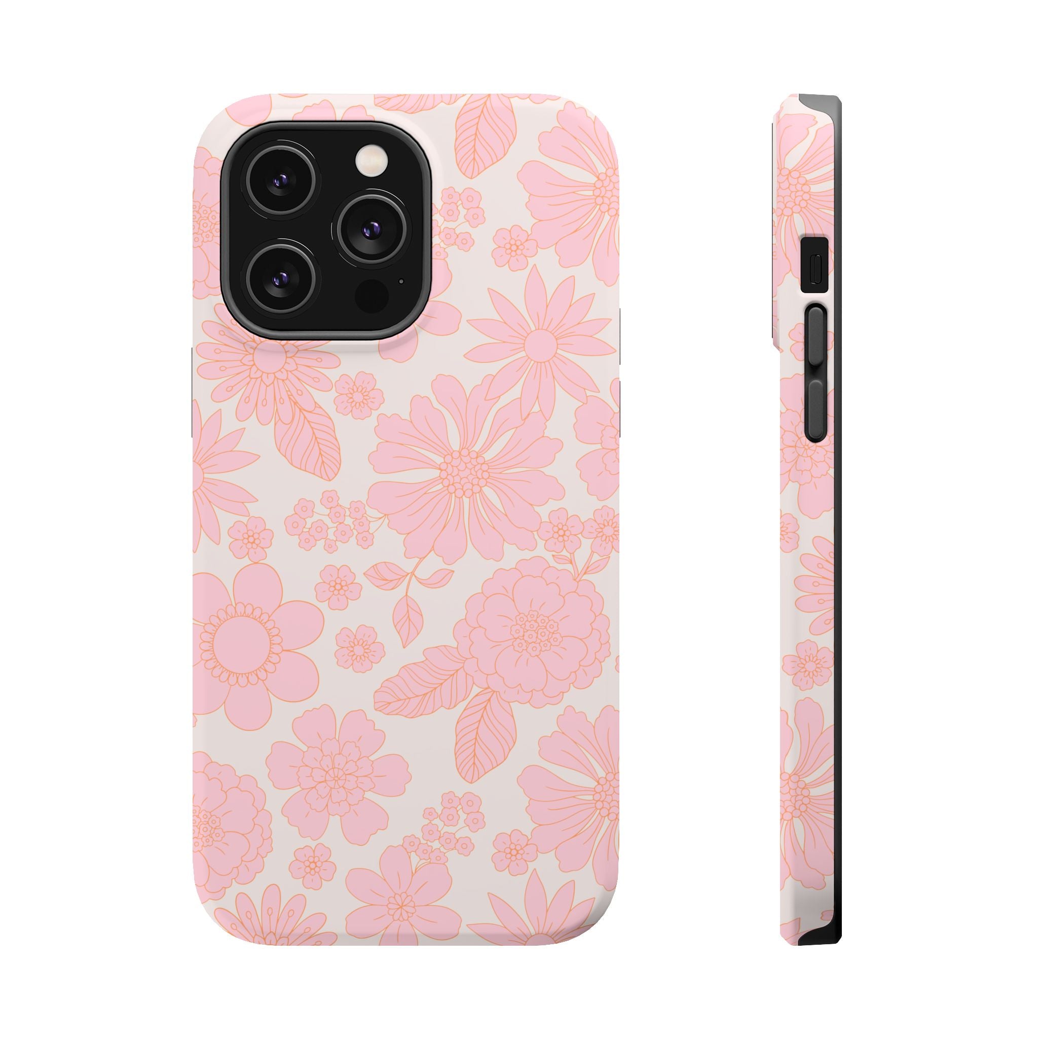 Charming Petals pink floral MagSafe iPhone 16 case, cute phone cover with cottagecore aesthetic, girly protective design.