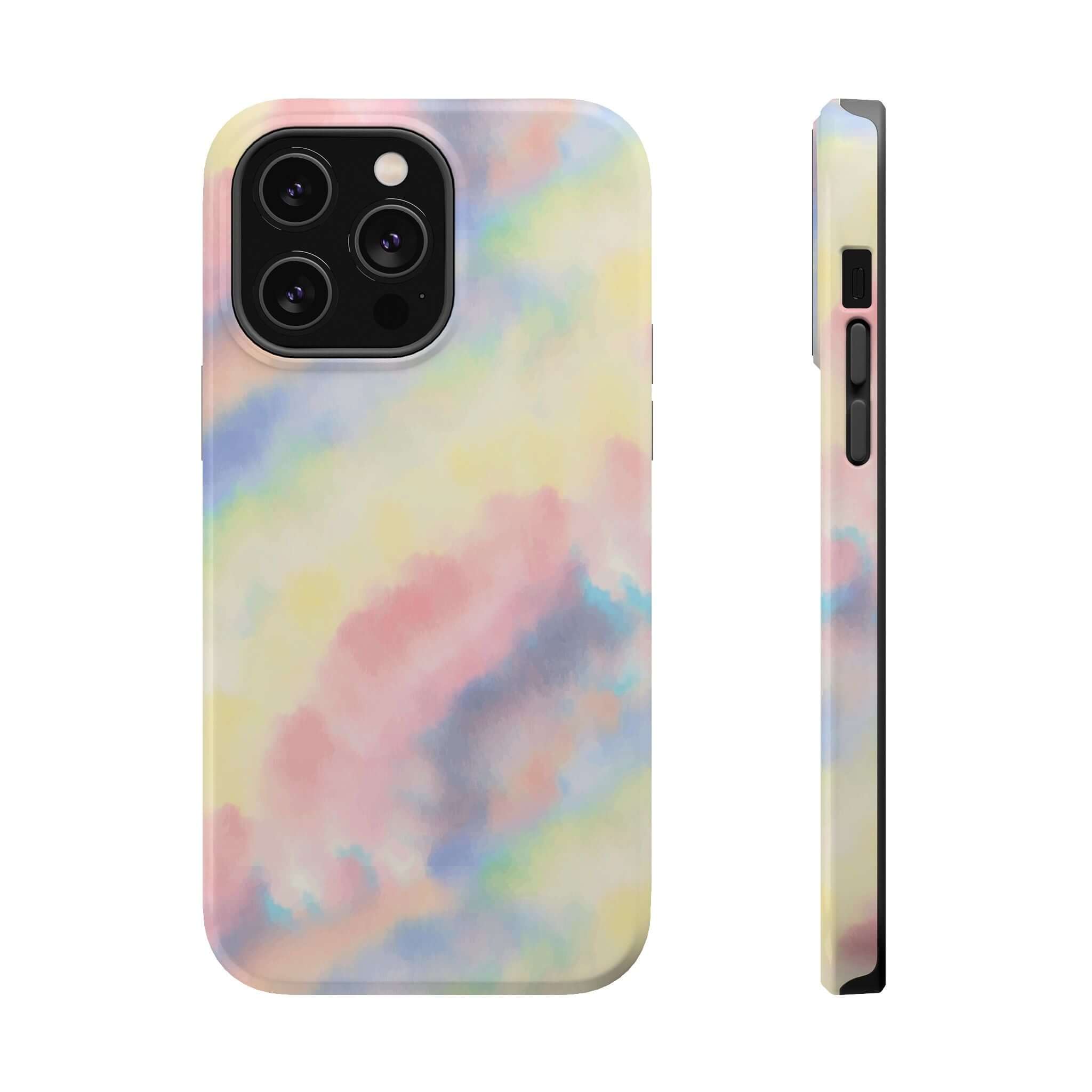 Cute pastel tie dye iPhone case with MagSafe, Unicorn Dreams design, showcasing a colorful phone case for stylish tech lovers.