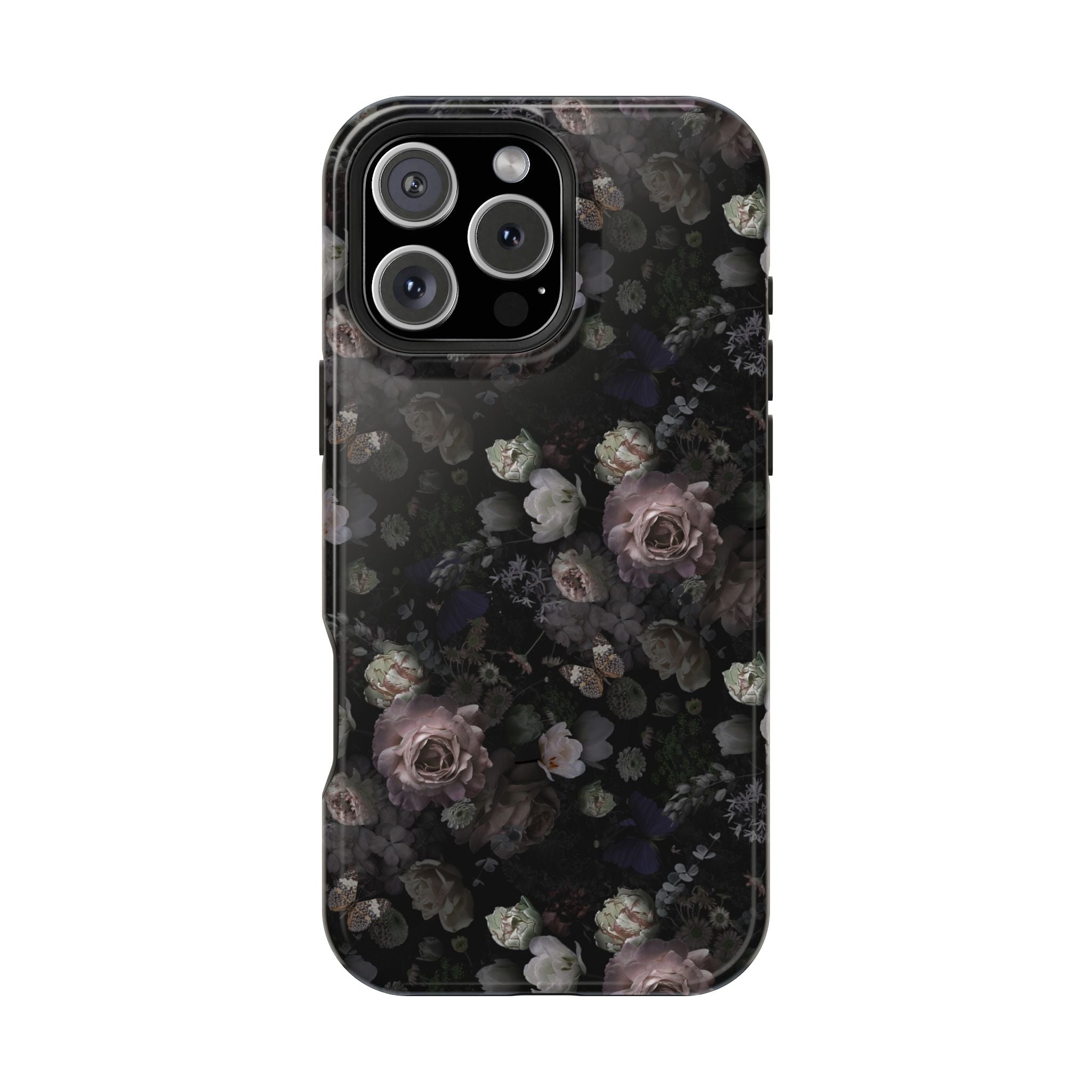 Midnight Curse MagSafe iPhone case with black floral design and roses, cute phone cover for style and protection