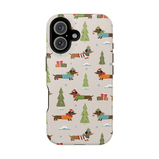 Cute dachshund-themed MagSafe case with festive patterns, perfect for dog lovers and holiday cheer!