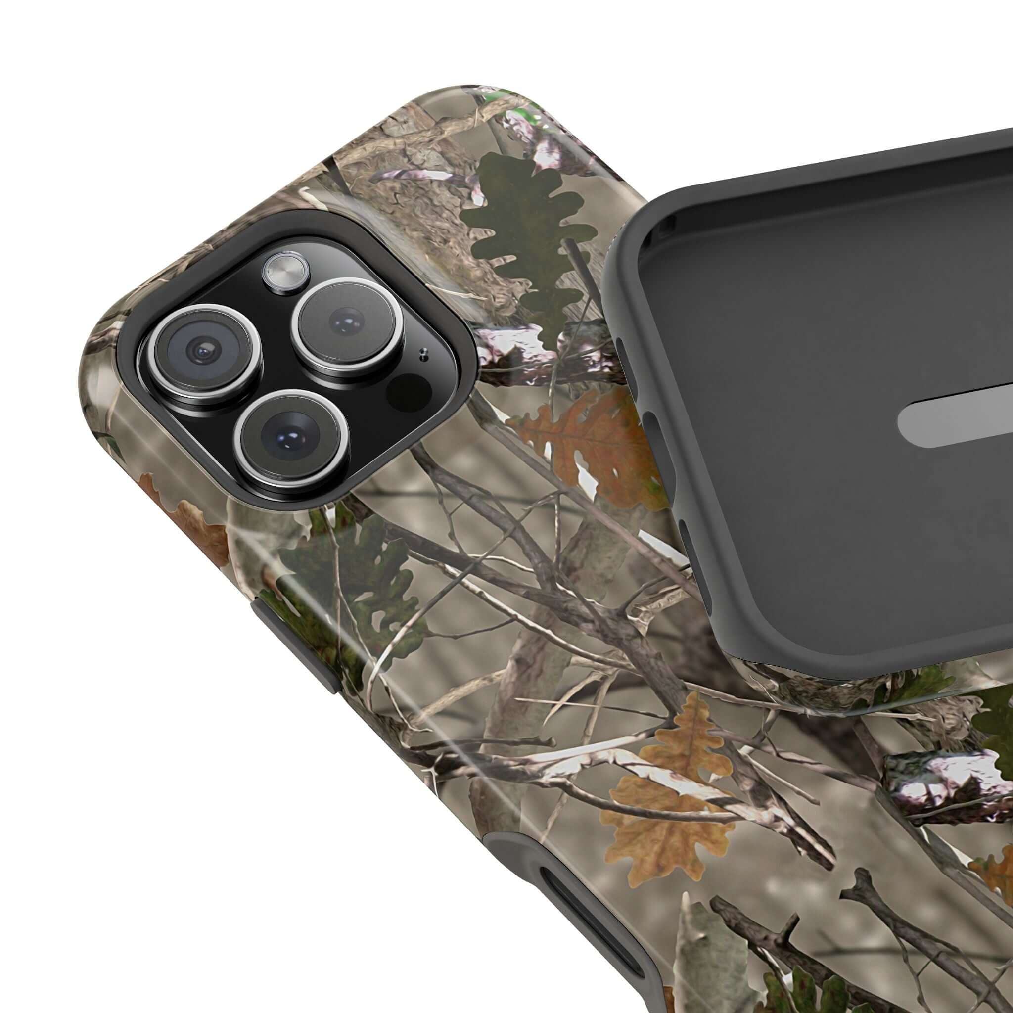 Forest camo iPhone case with MagSafe compatibility, showcasing modern animal print design for a cute and stylish phone protection.