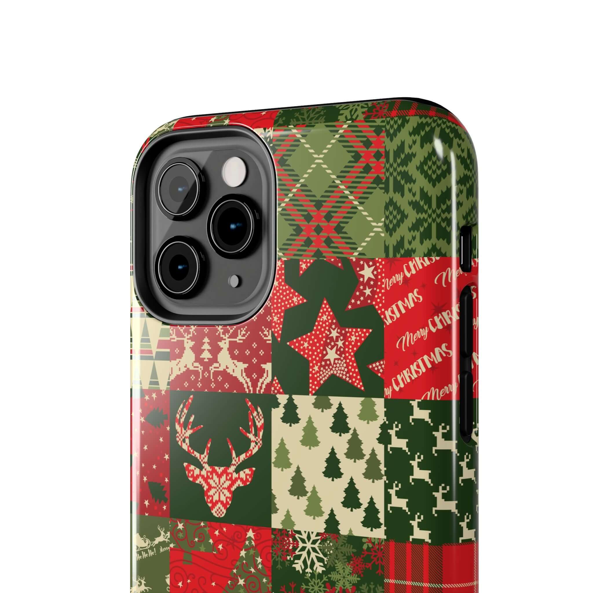 Cute iPhone case with green and red holiday design featuring Christmas trees, deer, and snowflakes by Cozy Quiltmas.