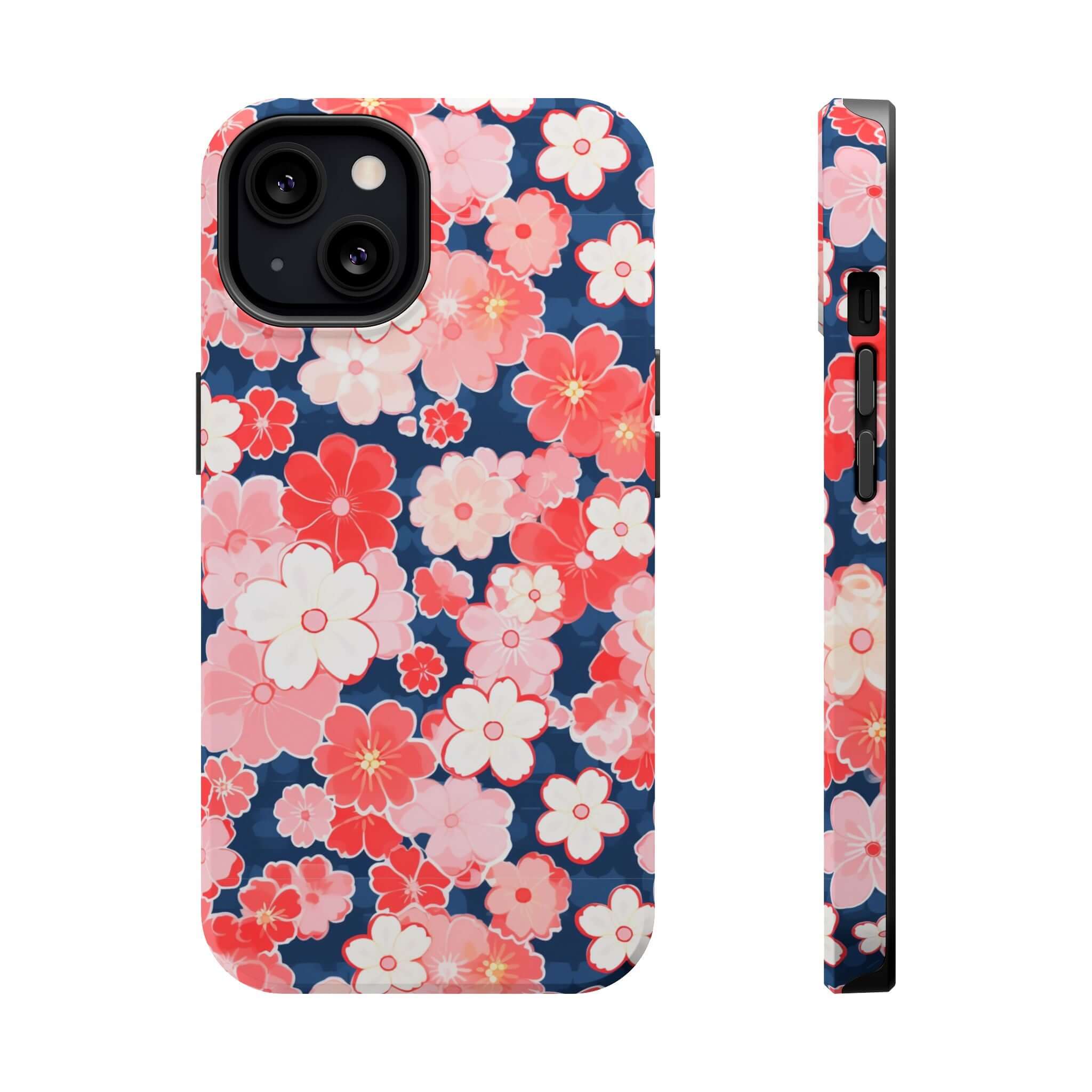 Pink floral iPhone 14 Pro Max case with side view, protective phone case with flower design and free shipping.