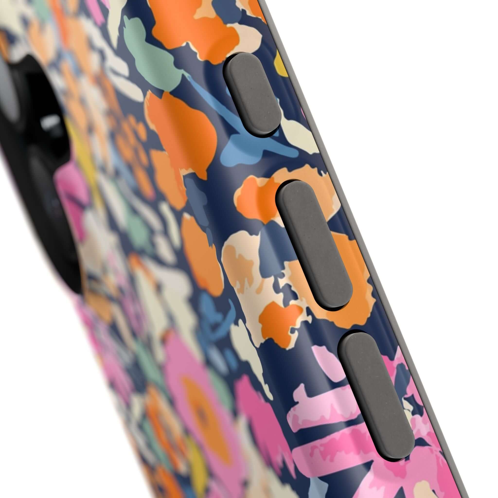 Close-up of colorful floral Botanic Burst MagSafe iPhone 16 case with cute protective design featuring vibrant flowers.