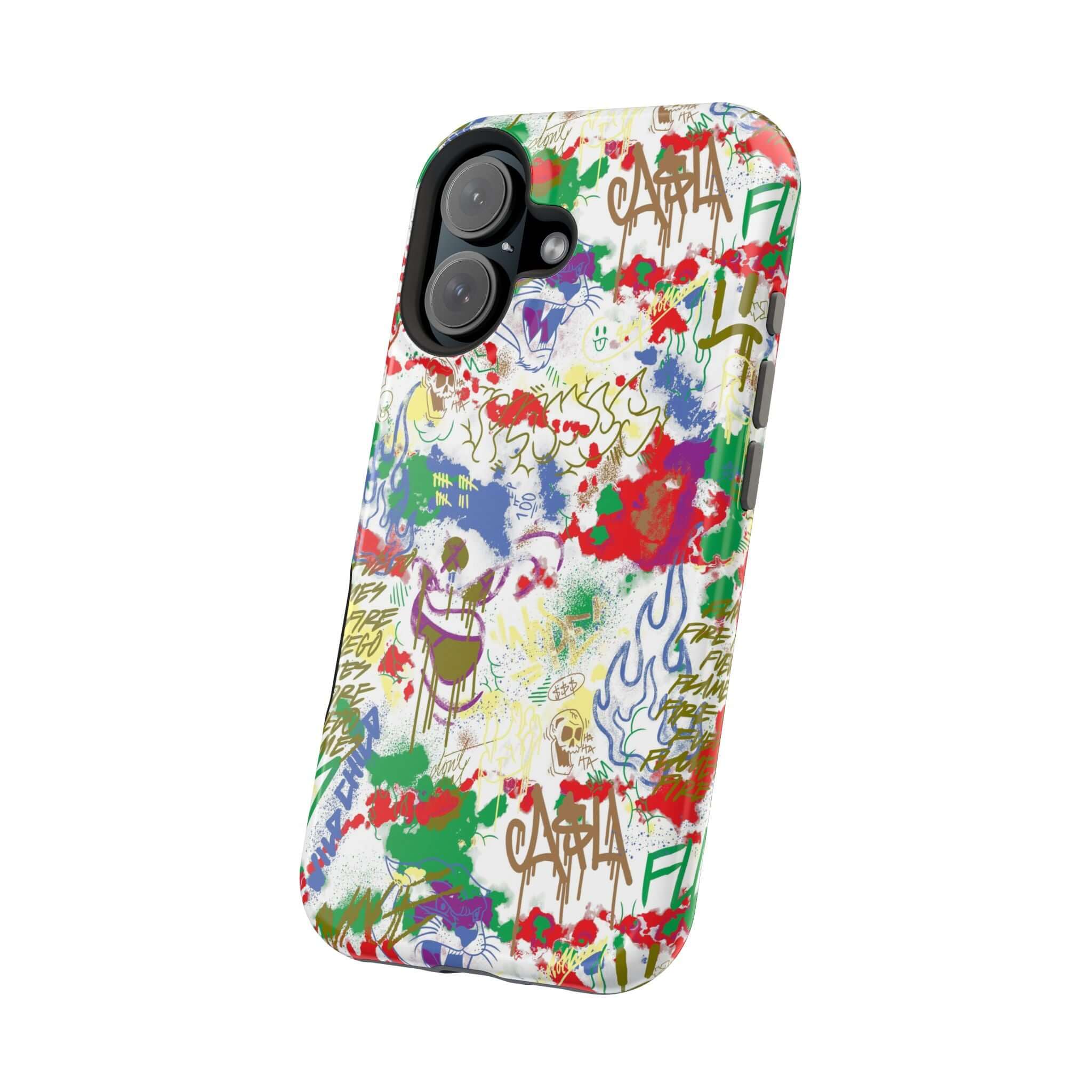 Colorful Art Attack graffiti phone case with MagSafe for iPhone, featuring vibrant street art design. Perfect cute phone cover!