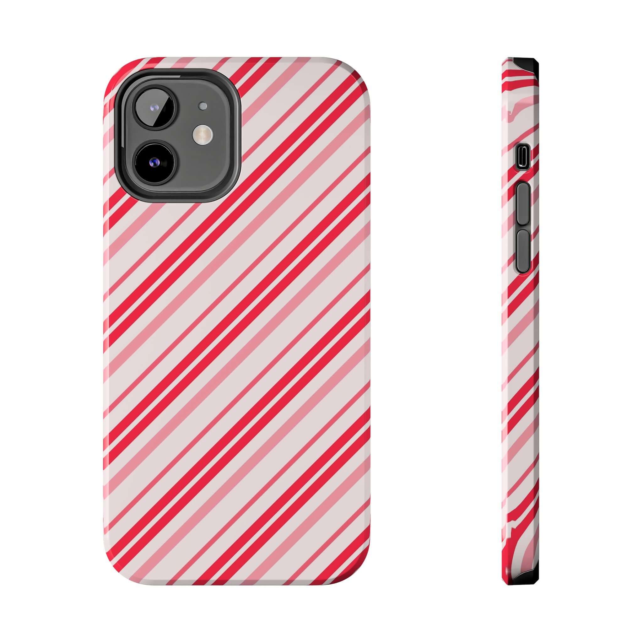 Festive Candy Cane Cutie striped holiday phone case with red and white design, perfect for a cute custom iPhone case.