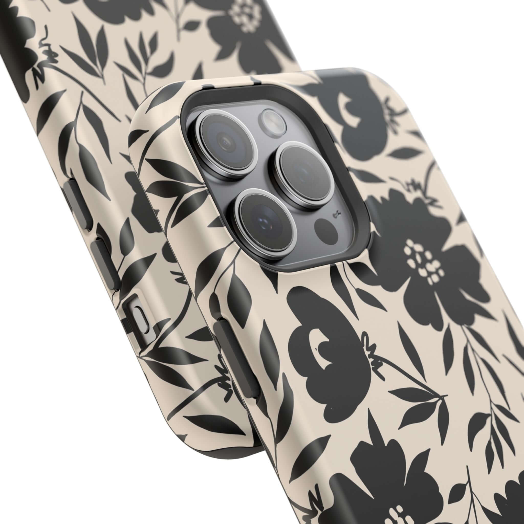 Black floral iPhone 16 case with cute, bold design - Eclipse Garden. Perfect phone case for a standout style.