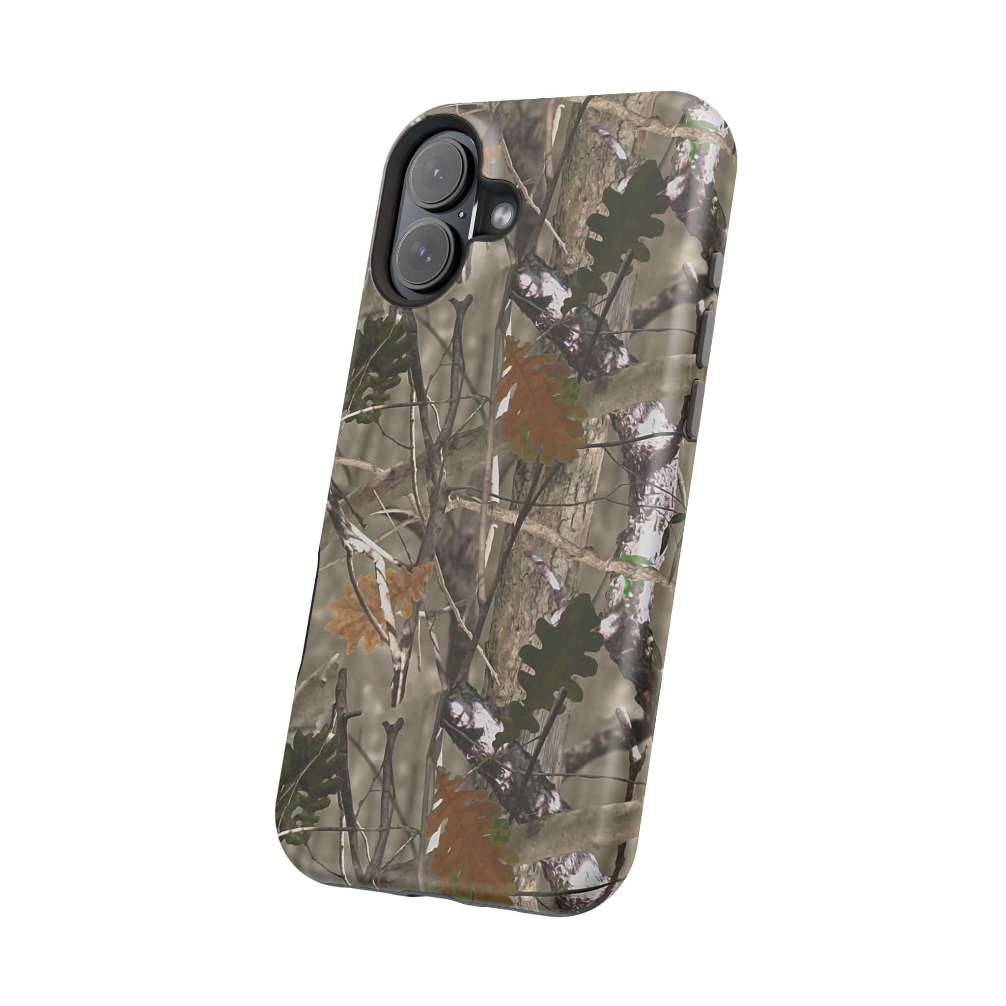 Forest camo phone case with MagSafe compatibility, featuring a modern animal print design for a cute, quirky style iPhone.