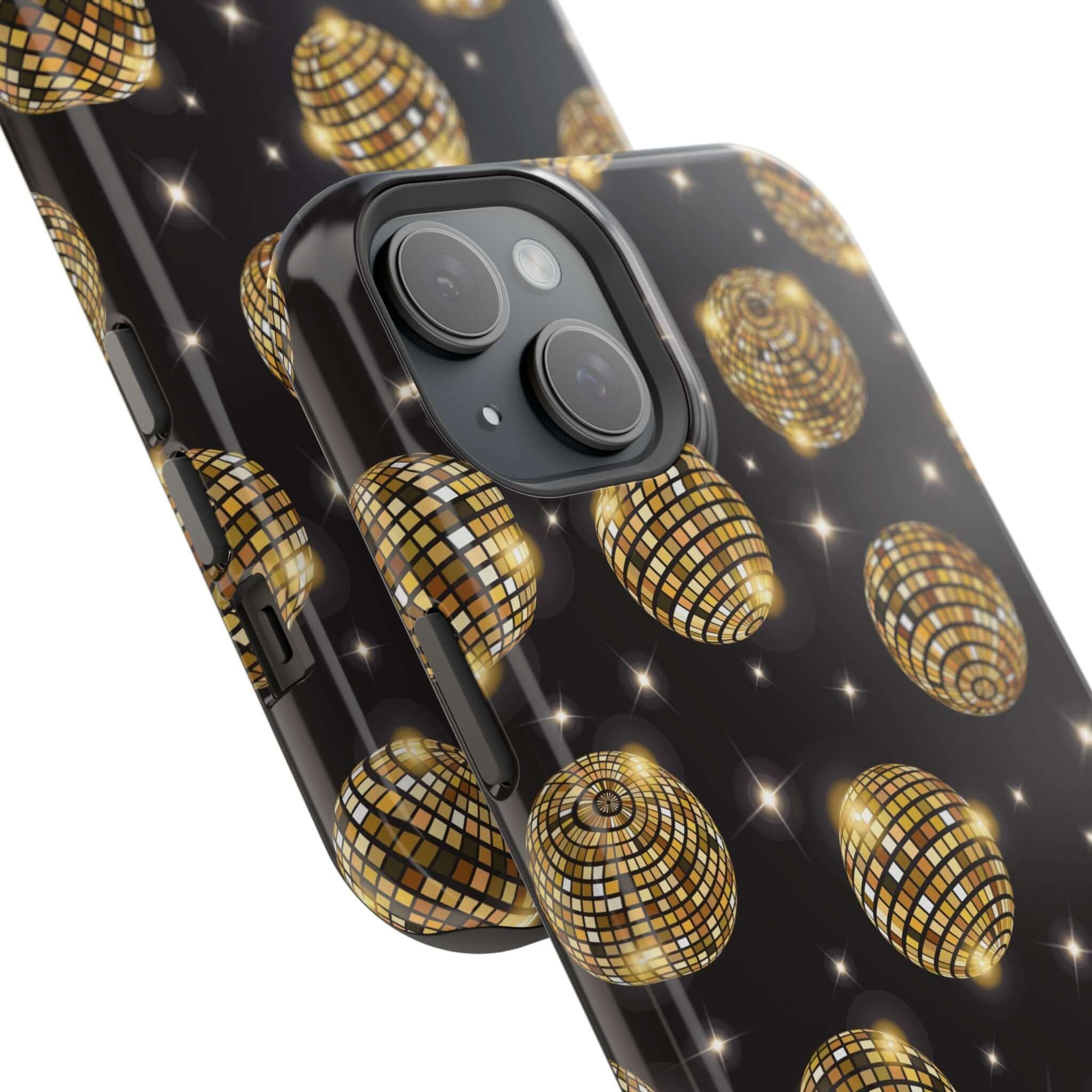 Gold disco ball design iPhone 14 case, cute phone cover with free shipping, Dance the Night Away collection.