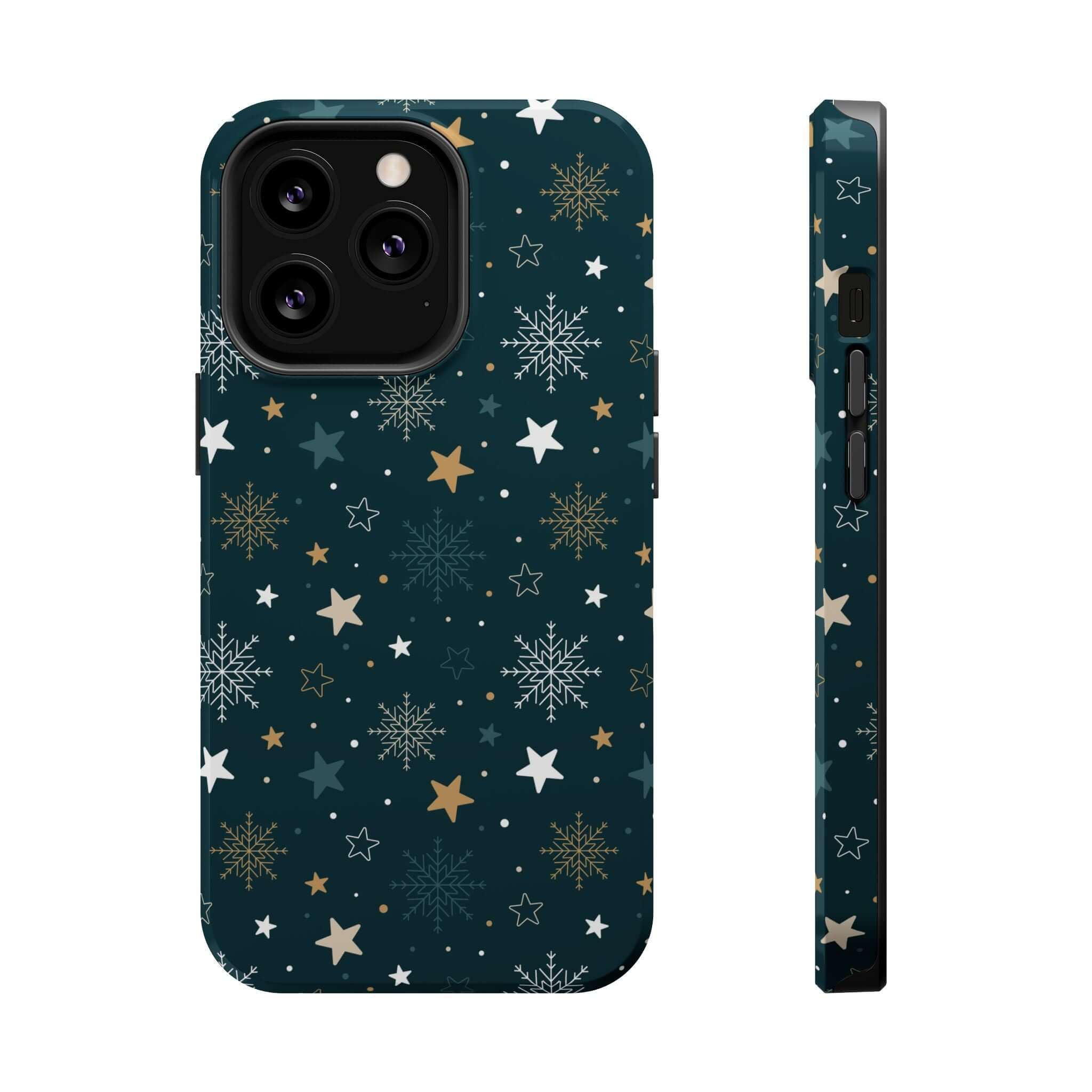 Festive Frosted Wishes MagSafe Christmas phone case with snowflakes and stars in holiday design for secure and stylish charging.