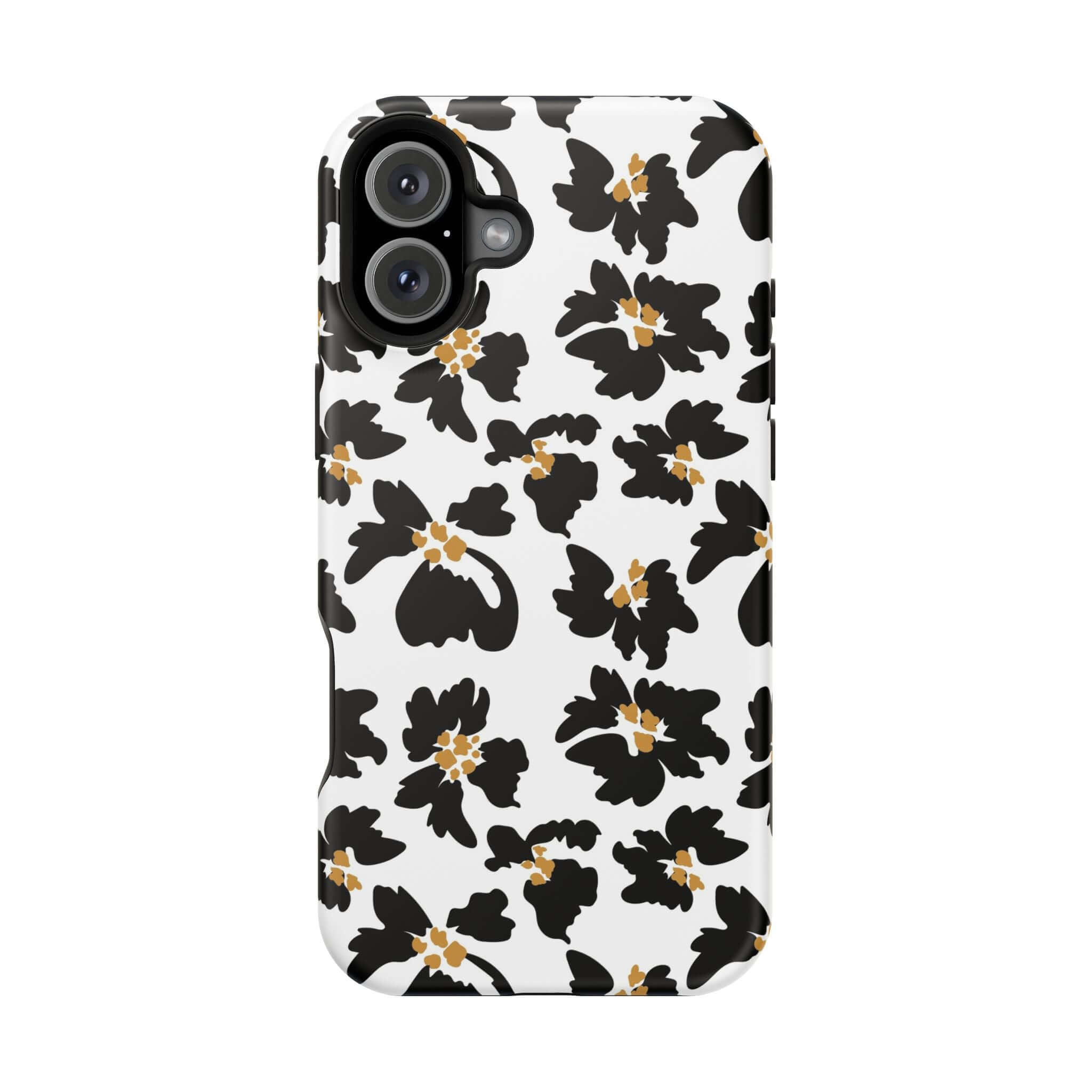 Modern phone case with black floral pattern, cute MagSafe iPhone case, stylish animal print design for fashion-forward users.