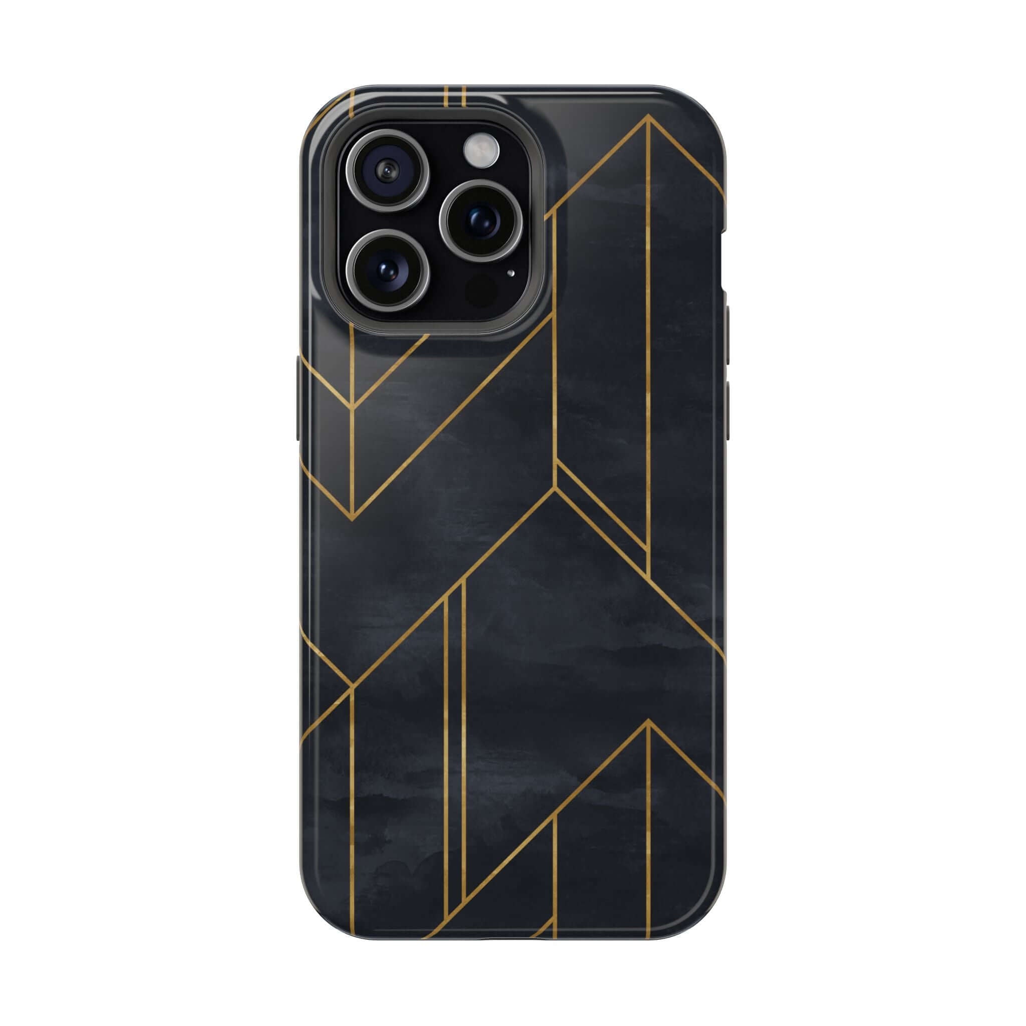 Urban Vibe modern geometric iPhone case with sleek black and gold abstract design, protecting and styling your phone.