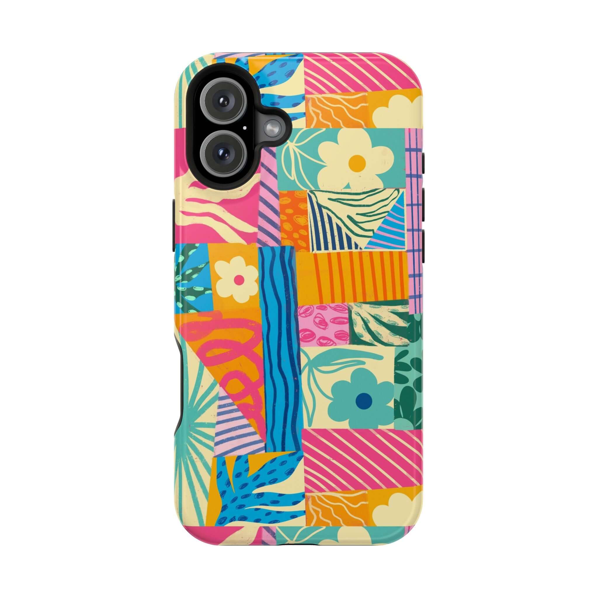 Colorful patchwork phone case compatible with iPhone 16, perfect for beach lovers seeking a cute, playful style.