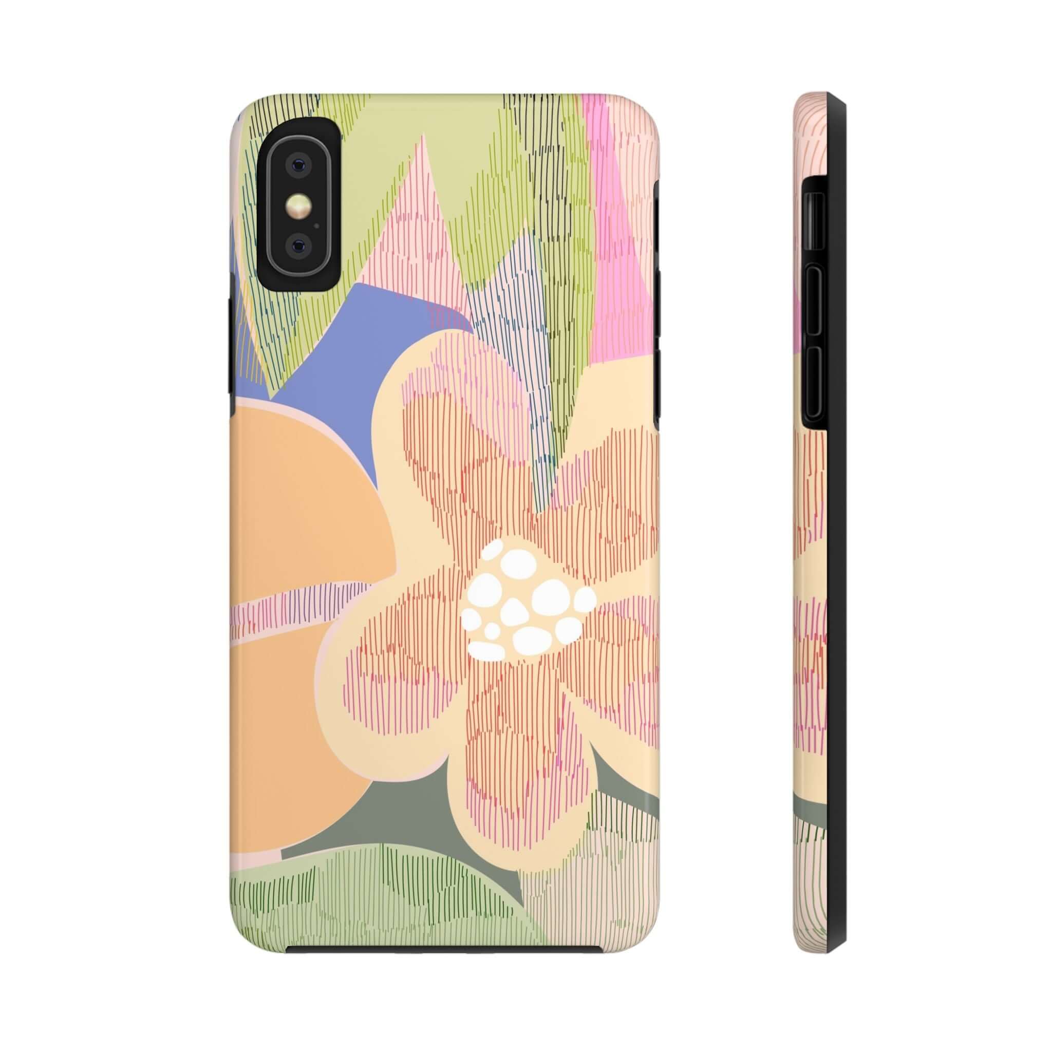 Colorful iPhone case with abstract floral design featuring palm trees and vibrant aesthetic for iPhone 14 Pro Max and Samsung S23.