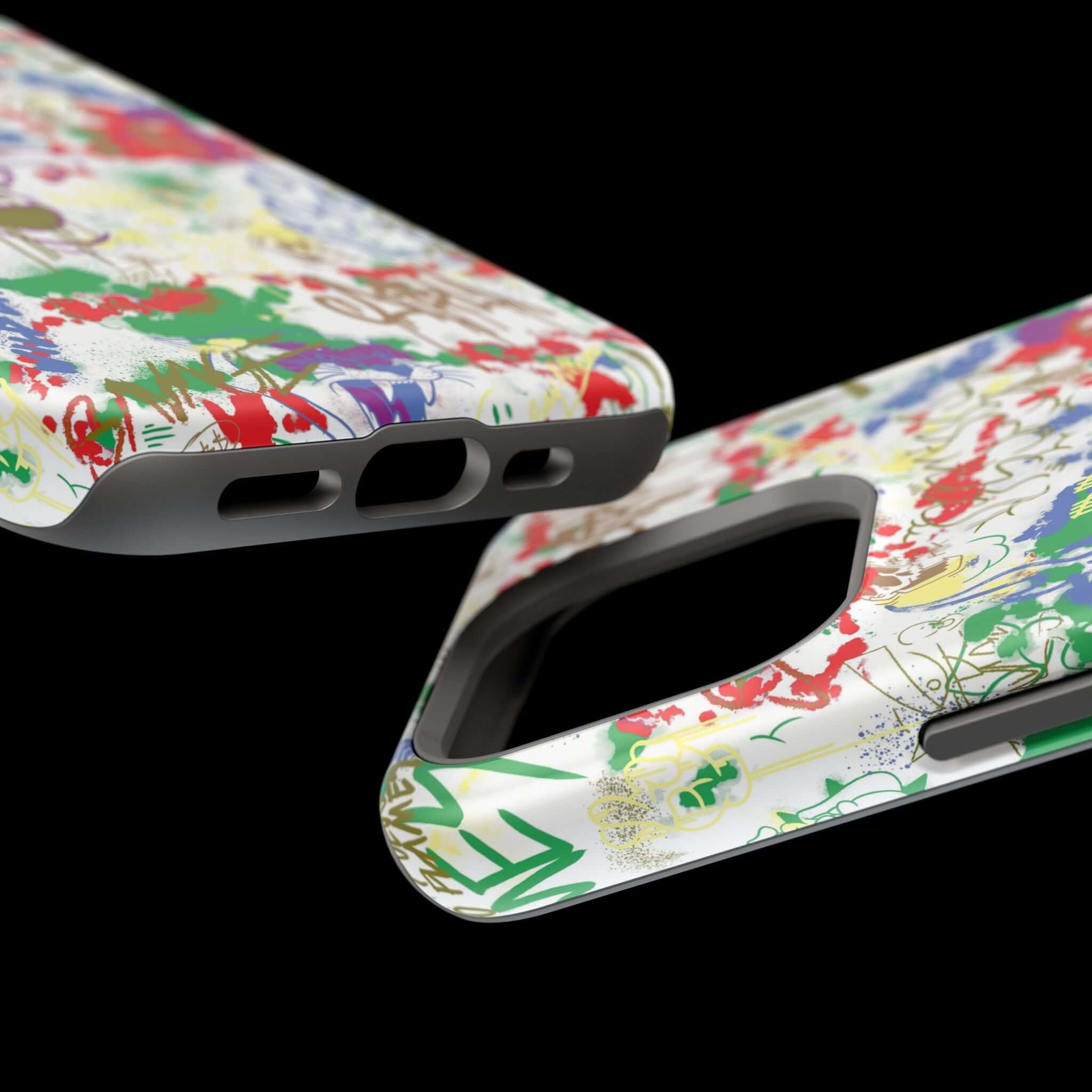 Close-up of the Art Attack Colorful Graffiti Case showcasing vibrant street art design and MagSafe technology.