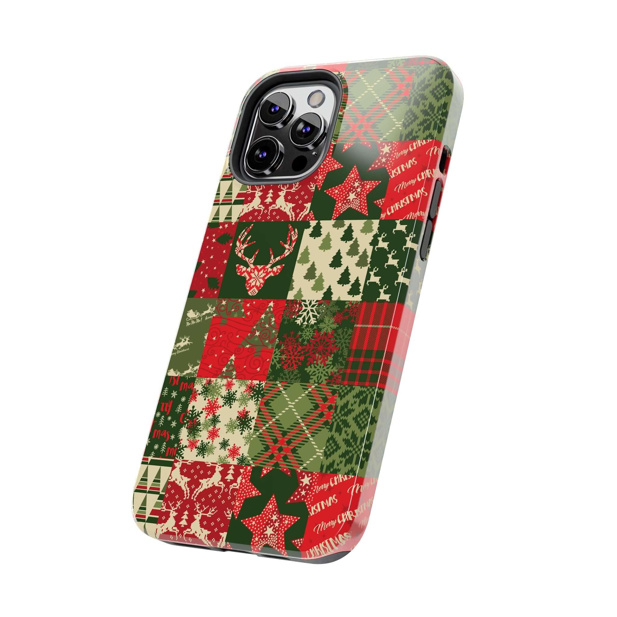 Cute green holiday iPhone case with Christmas trees and festive designs, perfect for a cozy winter style.