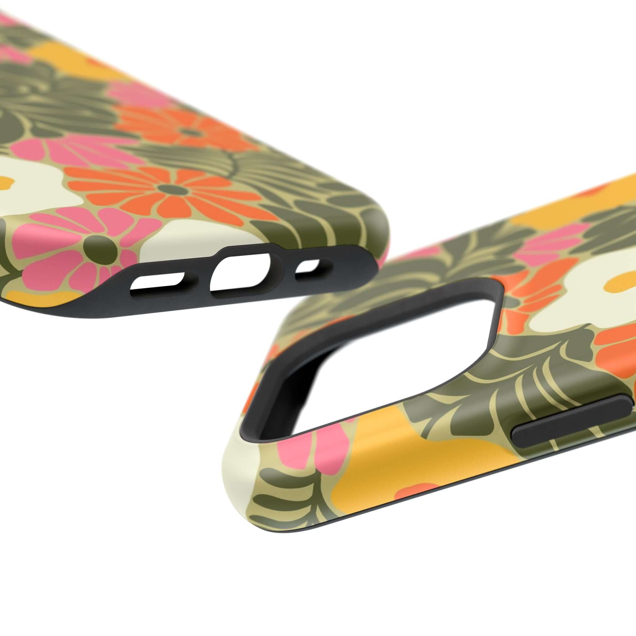 Retro floral phone case featuring tropical flowers, perfect cute cover for Apple iPhone with MagSafe compatibility.